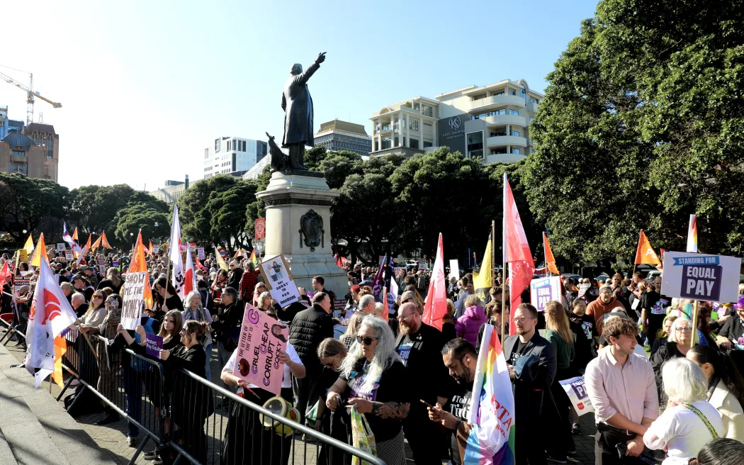 Pay equity protesters voice their opinions outside Parliament in May. Photo / RNZ