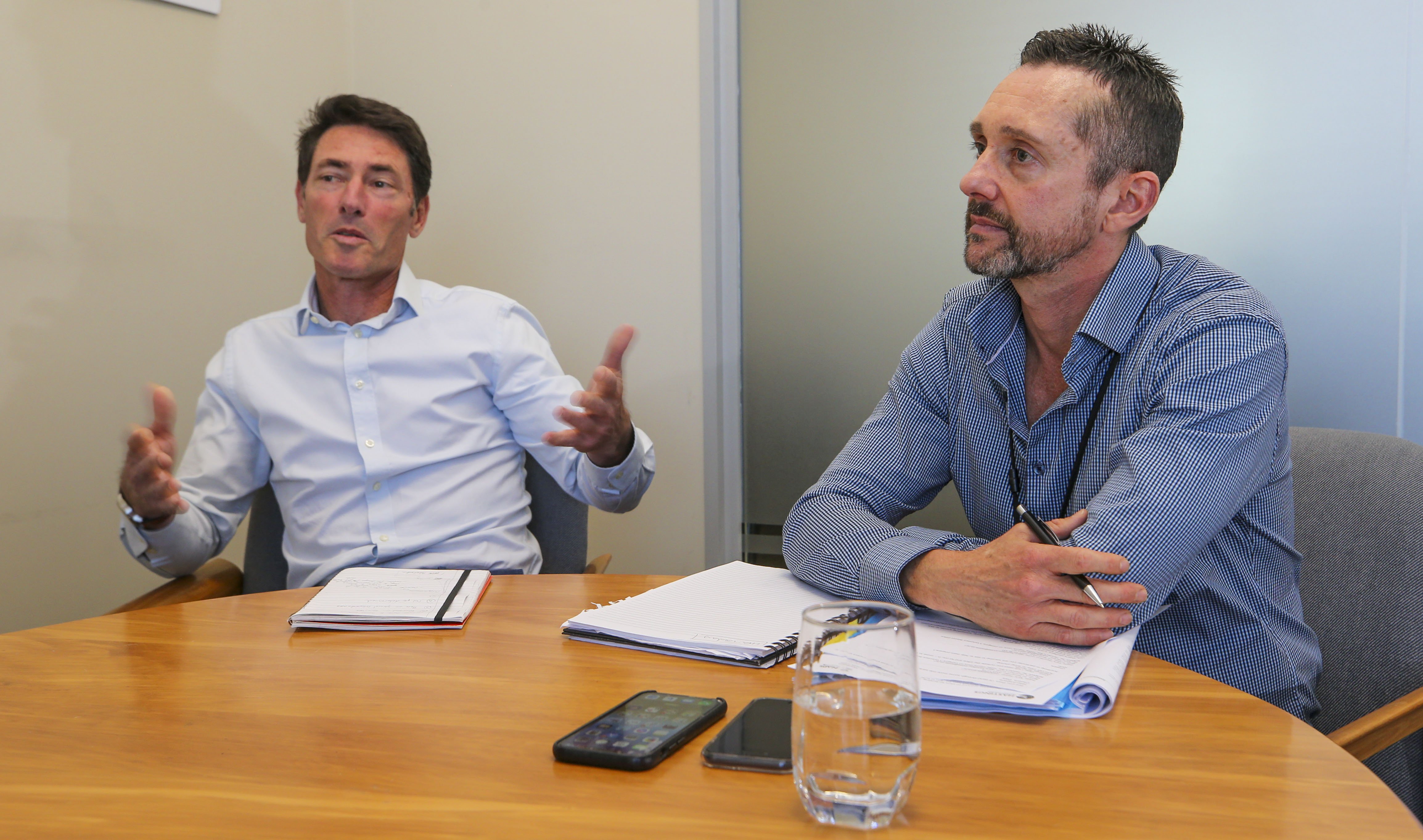 The buyout office's David Elliott (left) and Gus Charteris talking about the process ahead for impacted homeowners.  Photo / Paul Taylor