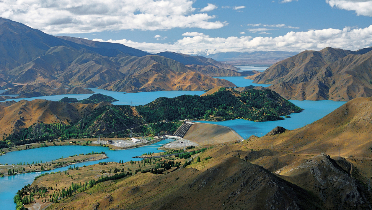 The Benmore hydro station in North Otago, opened in 1965, features the country’s biggest earth dam and largest man-made lake. Now owned by Meridian, it feeds power directly to the North Island. Photo / Meridian Energy