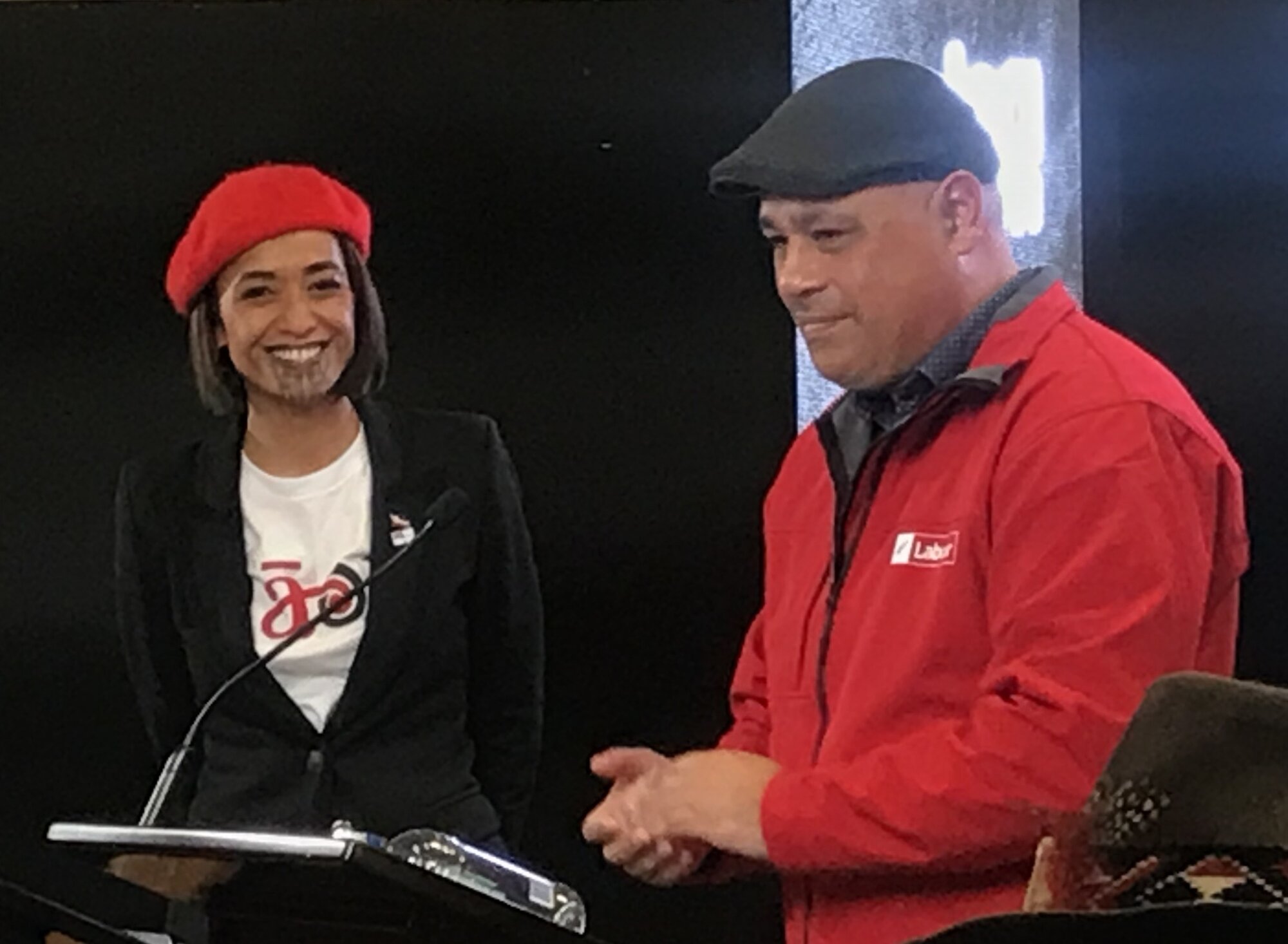 Te Pāti Māori candidate Oriini Kaipara and Labour Party candidate Peeni Henare during the candidate debate for the Tāmaki Makaurau byelection, at the Ngā Whare Waatea Marae in Māngere on August 20. Photo / Simon Wilson