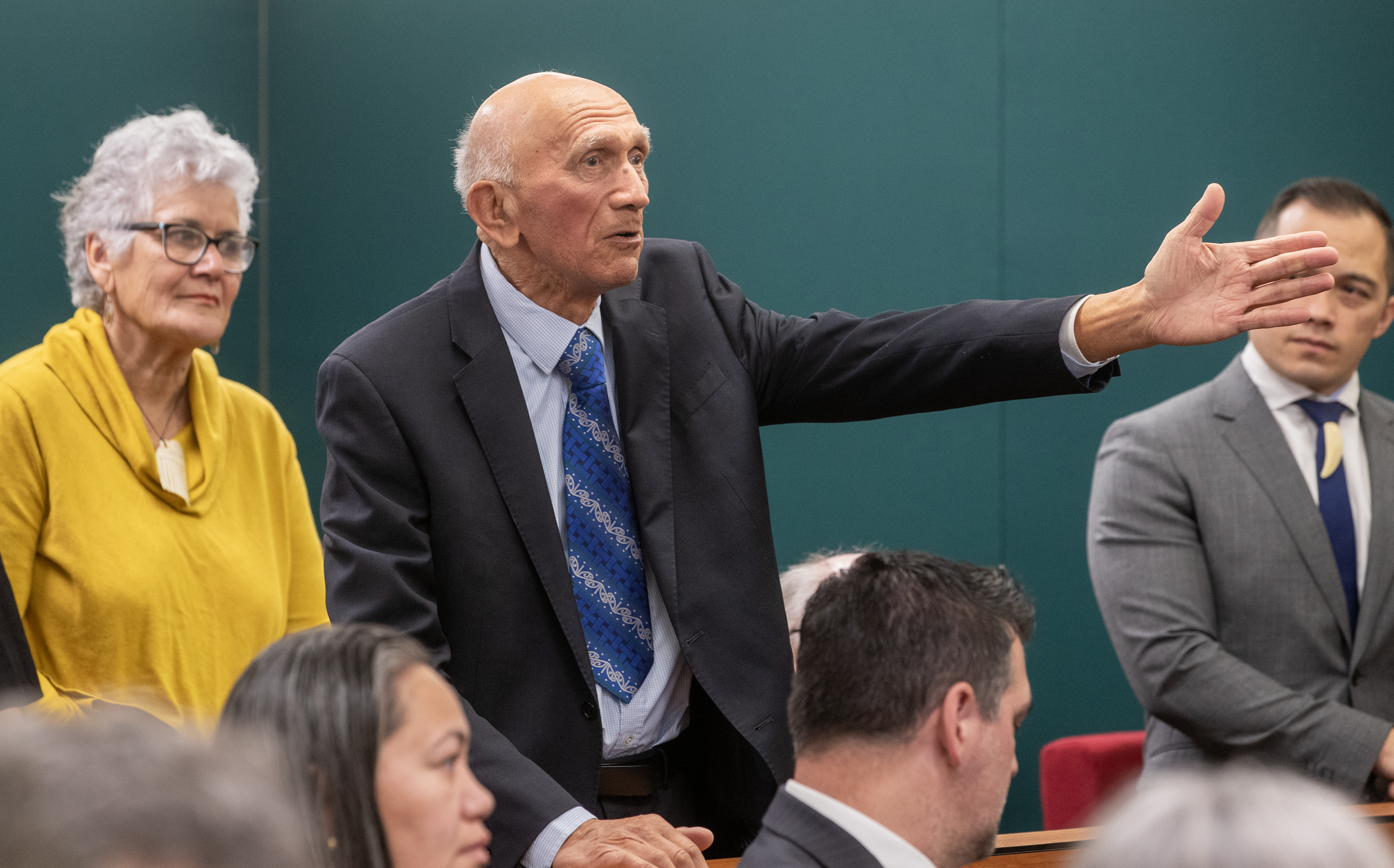 Kaumatua Rore Stafford (centre), customary witness Trina Mitchell and Te Puoho Katene (partially obscured) who is descended from one of the Māori customary landowners in Nelson, in the Wellington High Court. Photo / Mark Mitchell