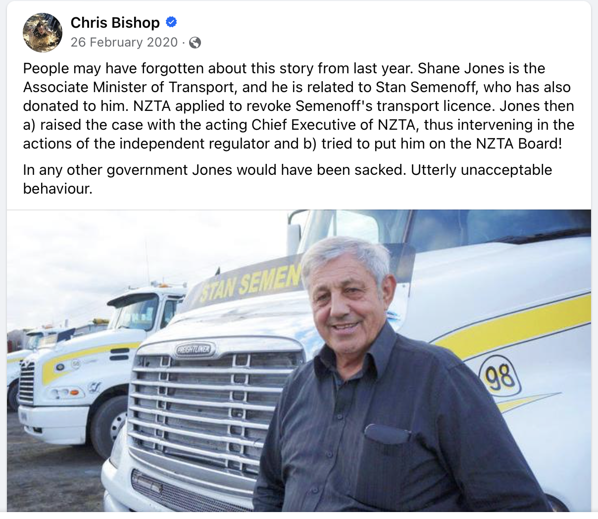 Then-Opposition MP Chris Bishop arguing Shane Jones should have been sacked during the Labour-NZ First coalition, over his links with Stan Semenoff, pictured. Photo / Facebook