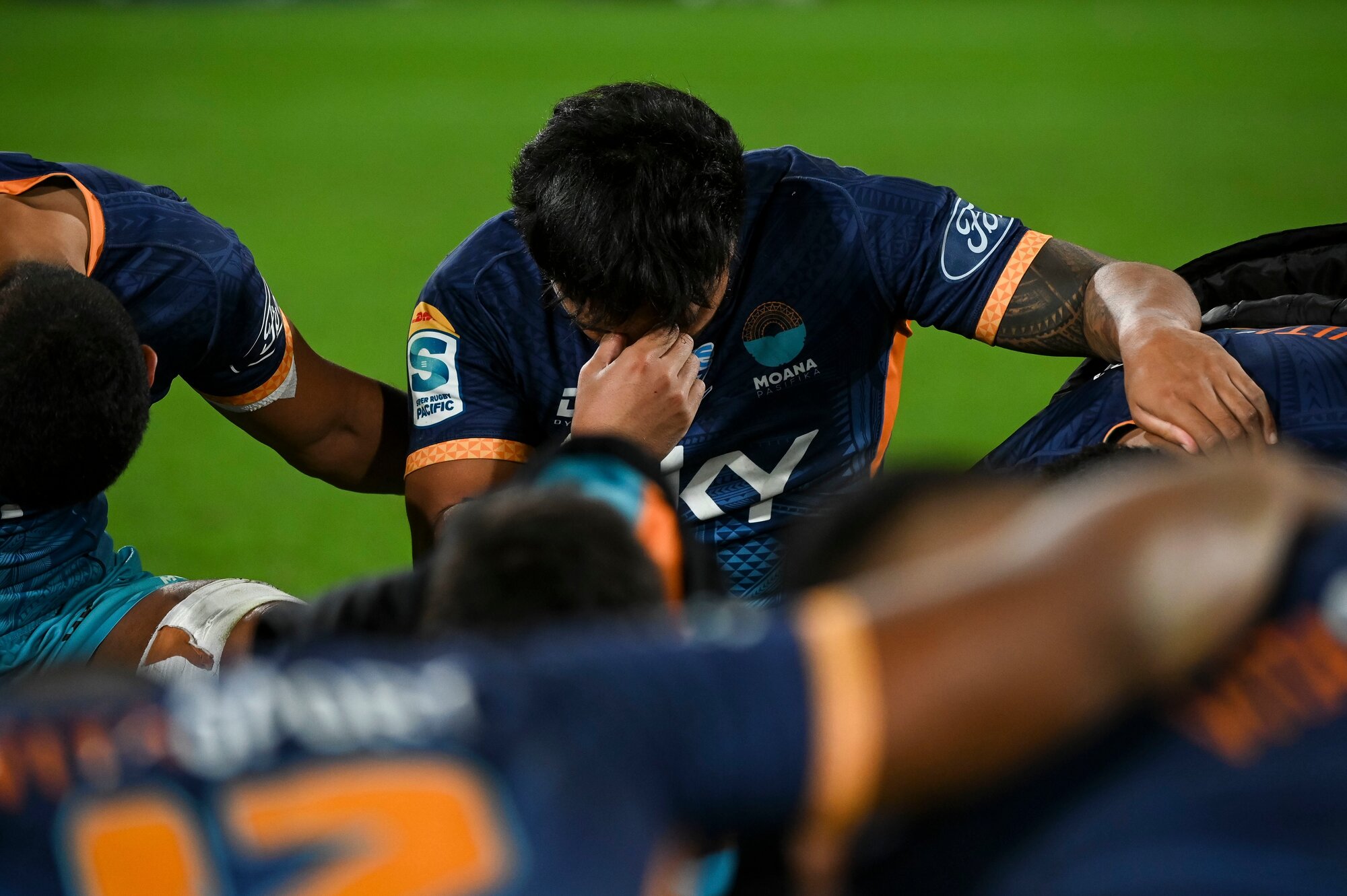 Moana Pasifika players get together after a match. Photo / Photosport