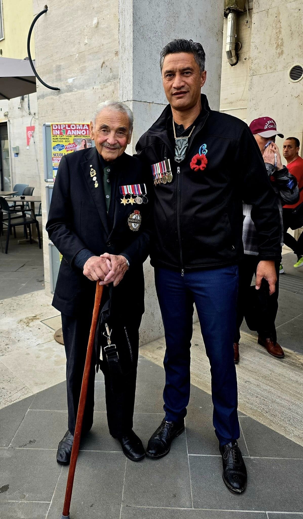 Bayden Barber and 28 (Maori) Battalion soldier Bom Gillies at the 80-year commemoration of the Battle of Monte Cassino.