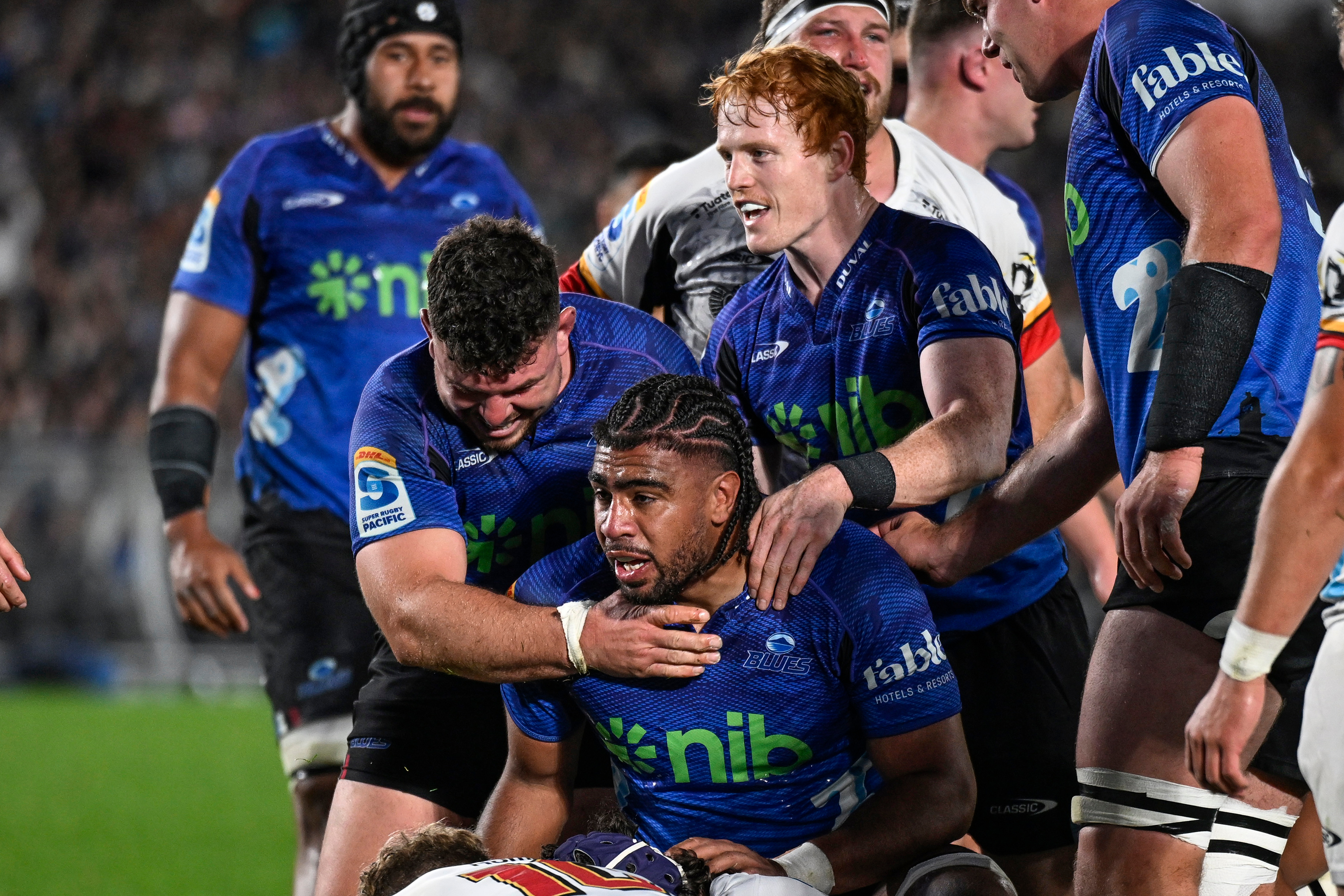 The Blues celebrate a try for Hoskins Sotutu against the Chiefs. Photo / Photosport