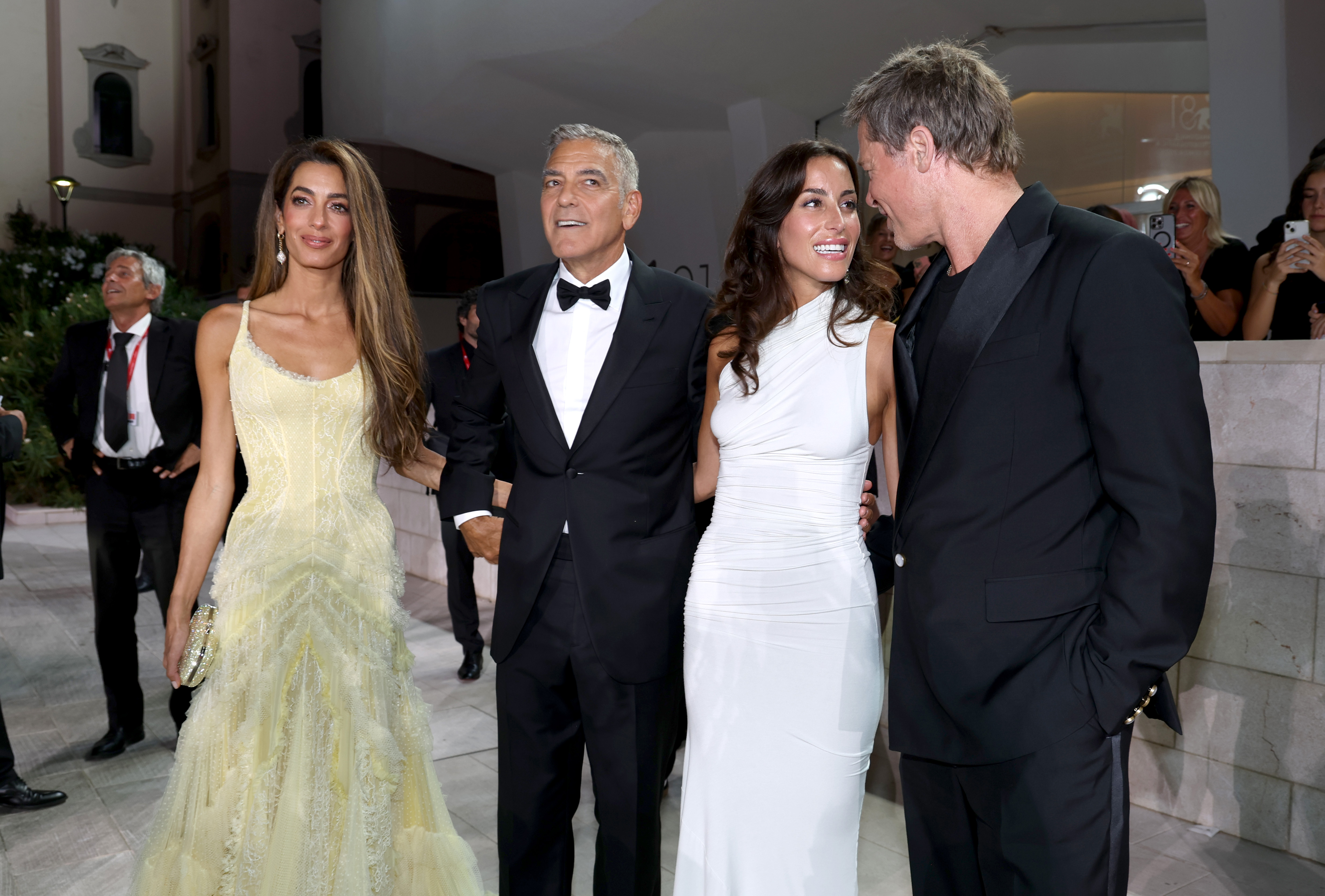 Amal Clooney, George Clooney, Ines de Ramon and Brad Pitt attend the Wolfs red carpet during the 81st Venice International Film Festival. Photo / Getty Images