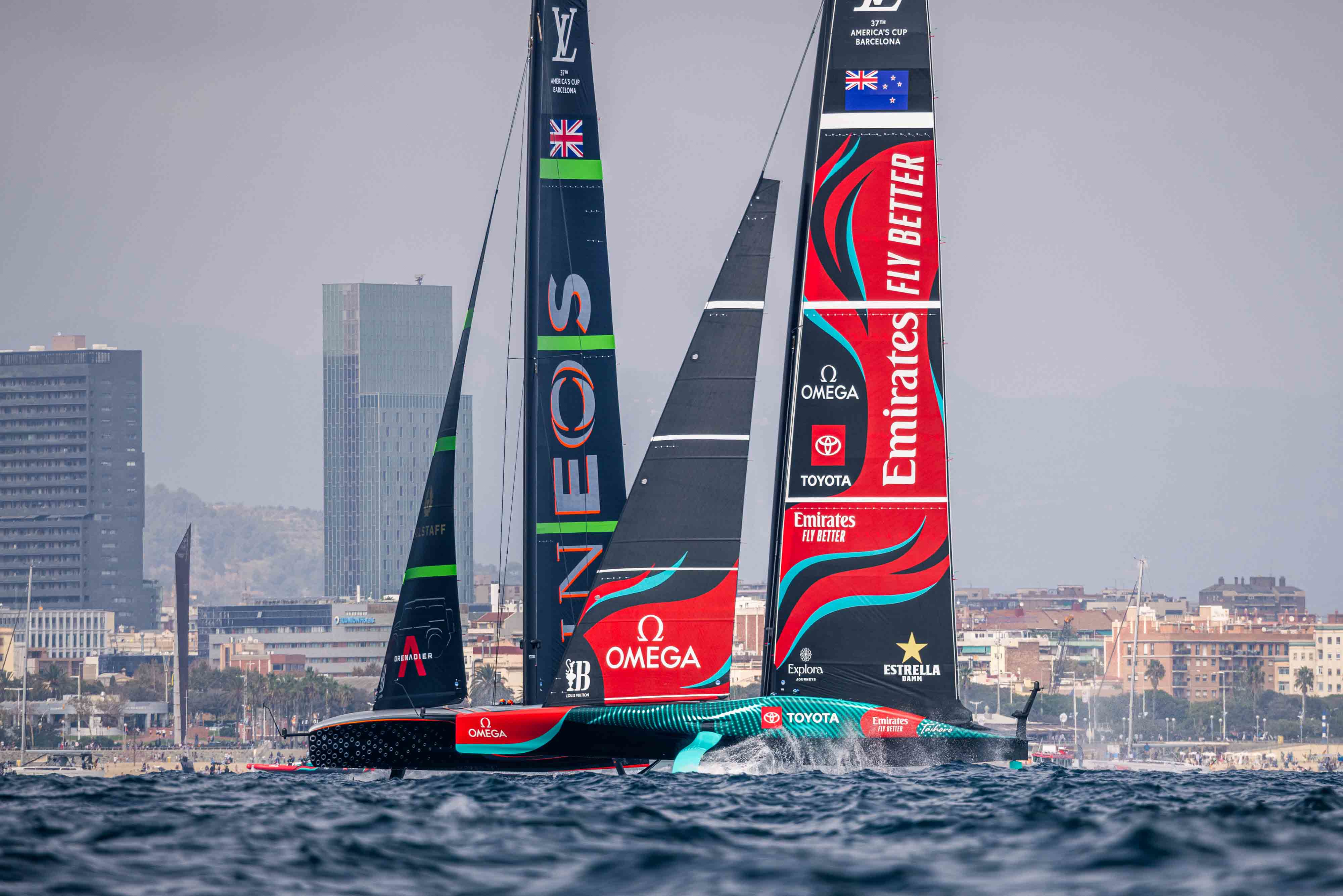 Emirates Team New Zealand and Ineos Britannia duel for position in the pre-start. Photo / Georgia Schofield, Photosport