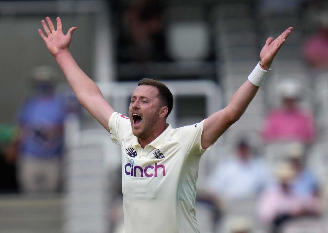 England's Ollie Robinson appeals after bowling during the first day of the Test match between England and New Zealand at Lord's. Photo / AP