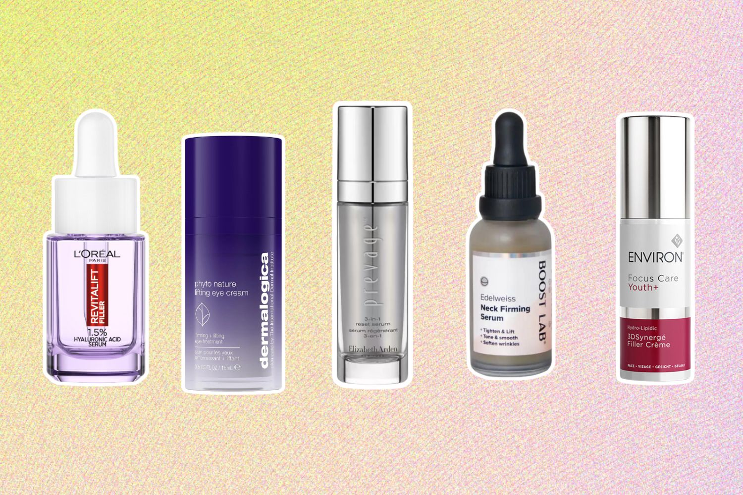 From left: L’Oreal Paris Revitalift Filler Plumping Serum; Dermalogica Phyto Nature Lifting Eye Cream; Elizabeth Arden Prevage 3-in-1 Reset Serum; Boost Lab Edelweiss Neck Firming Serum; Environ 3D Synerge Filler Creme.