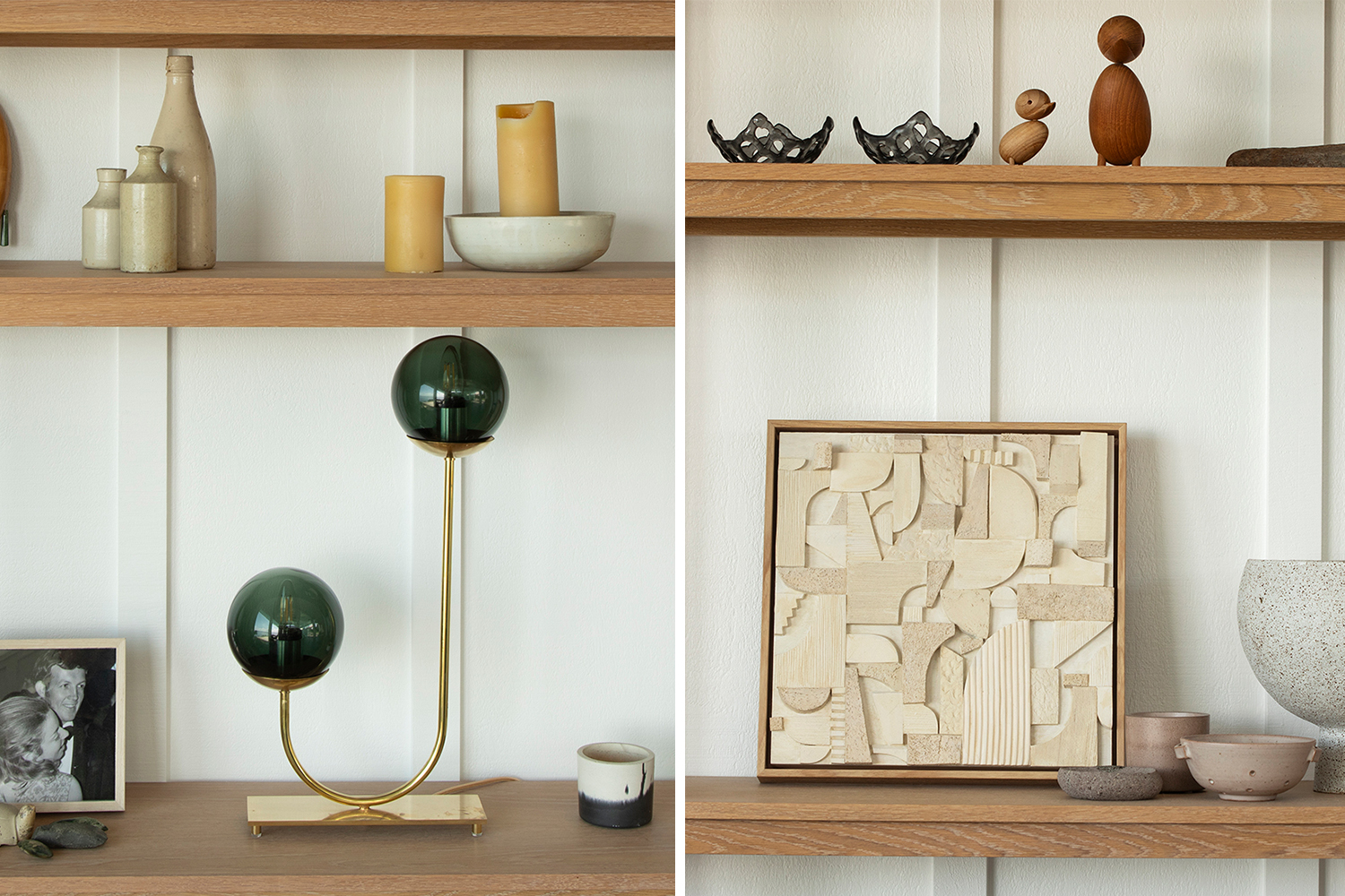 Left: On the custom-made oak shelf in the living room sits the 'Line Duo' table lamp by Douglas and Bec, and wooden mask by Tony Manuel; Right: tile artwork by Nellie Ryan, cast glass and woven bowls from Waverley Glass Art Studio, large stone vessel by Simone Karras and small berry bowls by Deborah Sweeney. Photo / Ginny Fisher