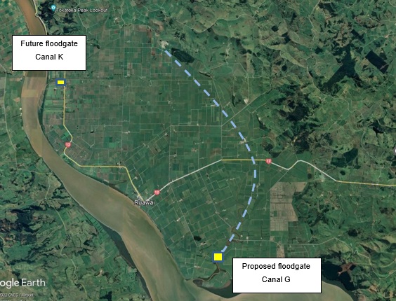 A map showing the sites of two floodgates initially planned for the Raupo Drainage Scheme in Ruawai. Floodgate G will now be built after Kaipara District Council consolidated funding from its Te Kopuru stopbank project