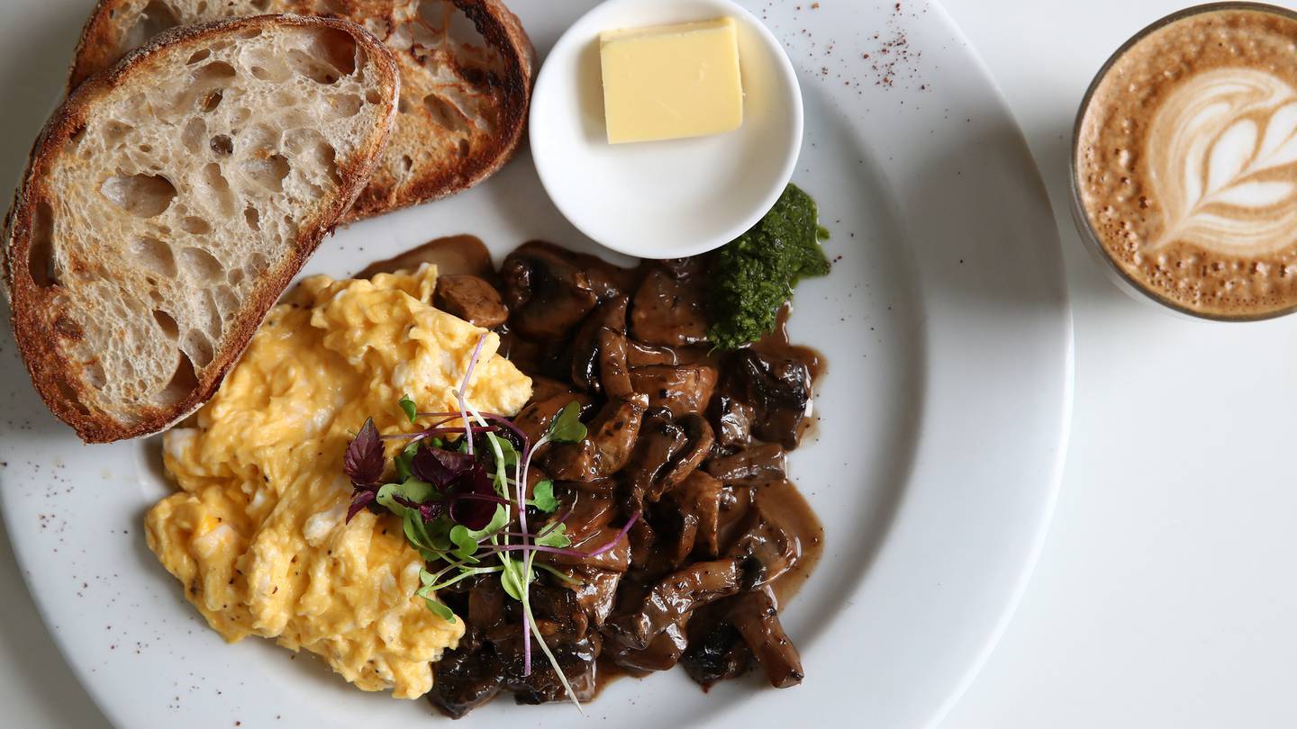 The half and half eggs and mushrooms dish at Dizengoff, 256 Ponsonby Rd, Ponsonby, Auckland. Photo / Fiona Goodall