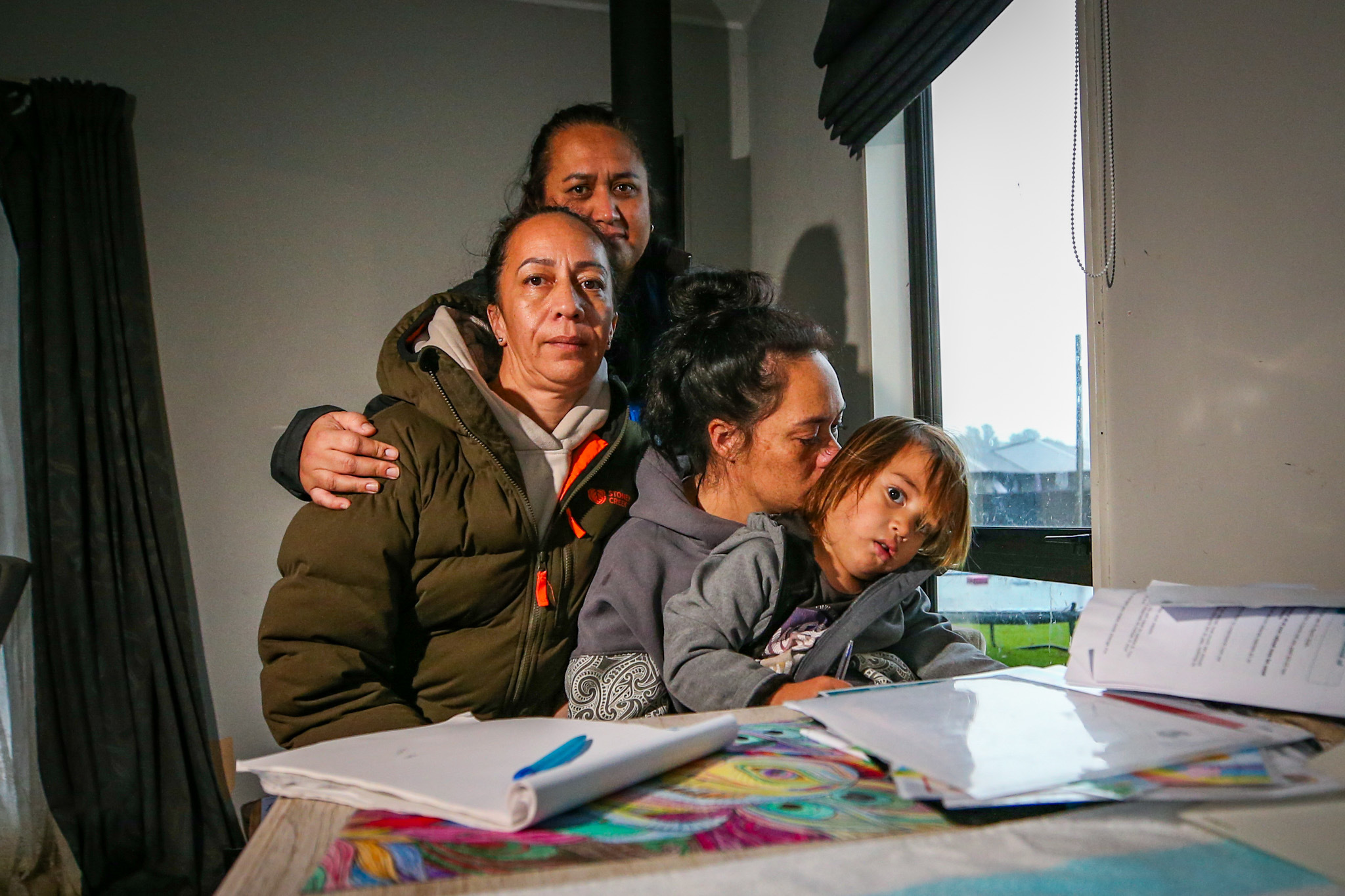 Wairoa flood victims Nicole Tipu-Repko (left), Karen Paku, homeowner Ally Tipu and her child Pipiwharauroa, 2. Photo / Paul Taylor