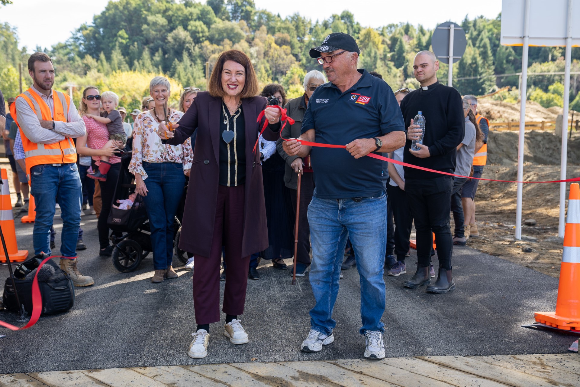 Hastings mayor Sandra Hazlehurst opening the Rissington Bailey Bridge after Cyclone Gabrielle washed the original structure away.