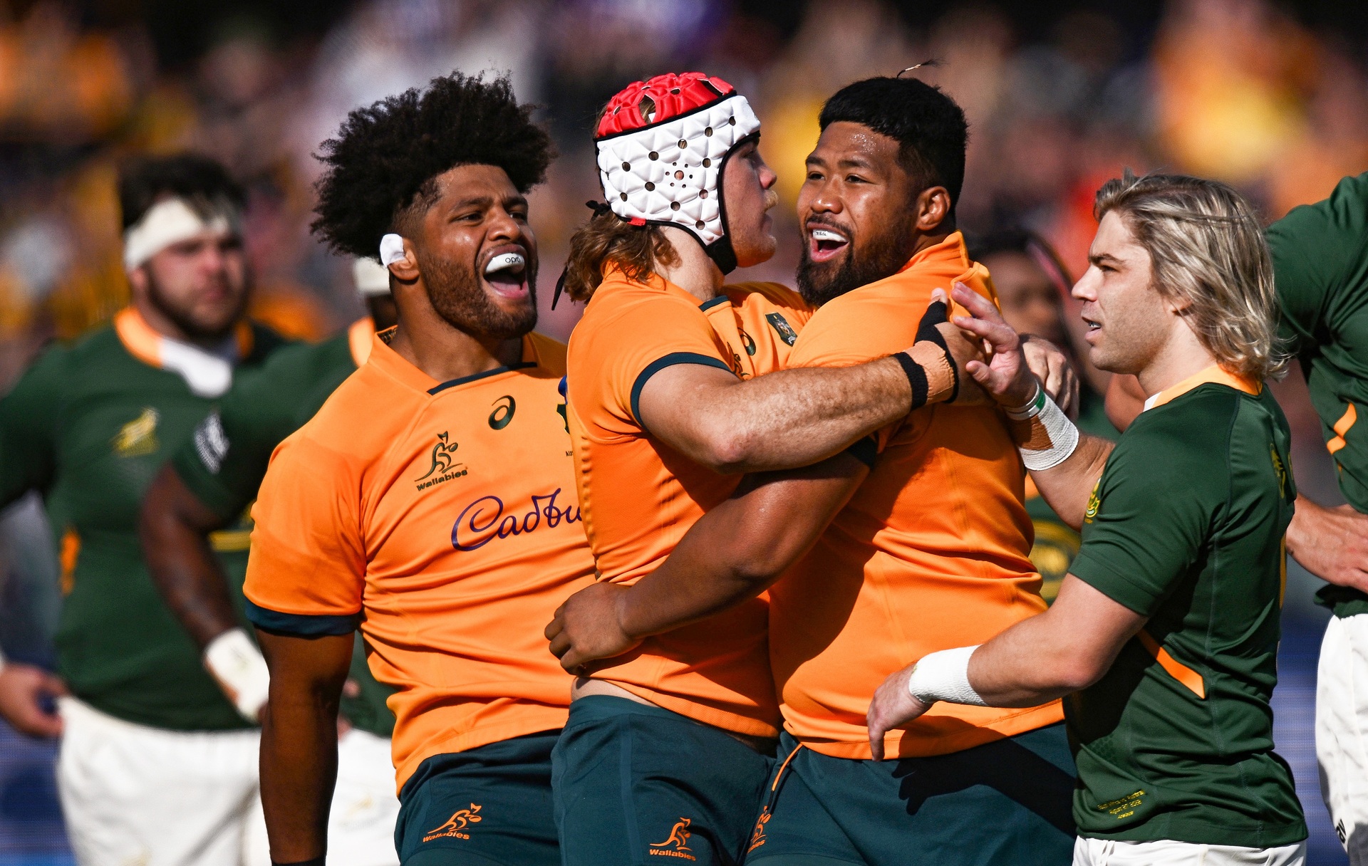 Wallabies celebrate after beating the Springboks. Photo / Photosport