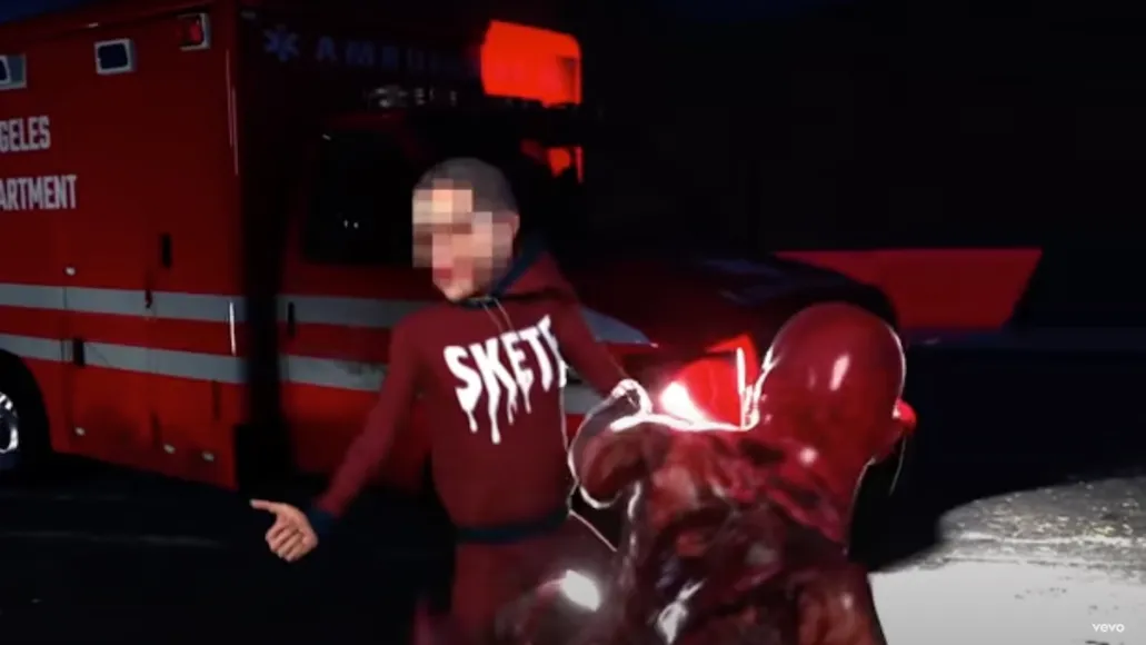 The video shows a blurred Pete Davidson being beaten up by a skinned monkey. Photo / YouTube