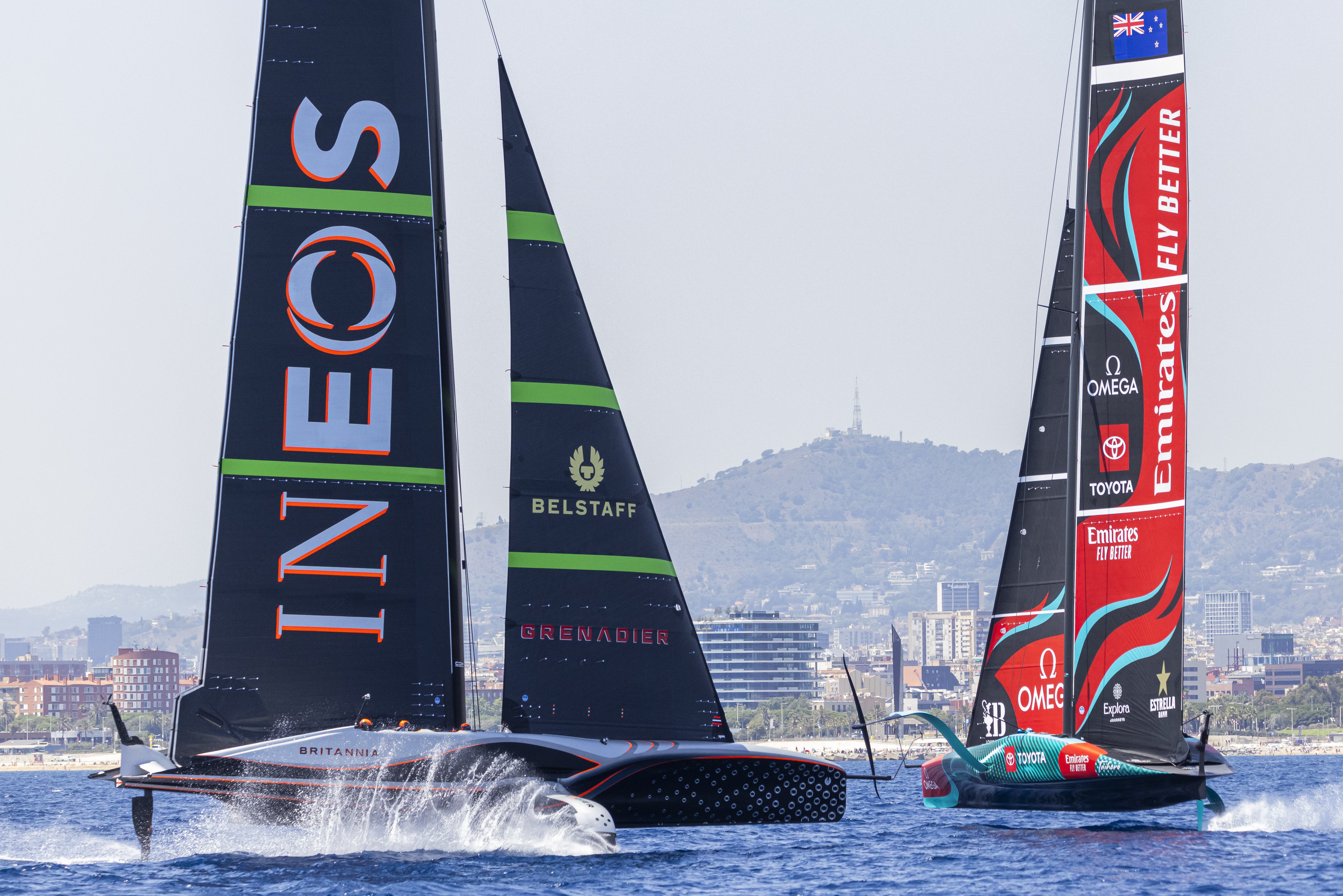 Ineos Britannia and Emirates Team New Zealand cross during a training session in Barcelona. Photo / Job Vermeulen, America's Cup