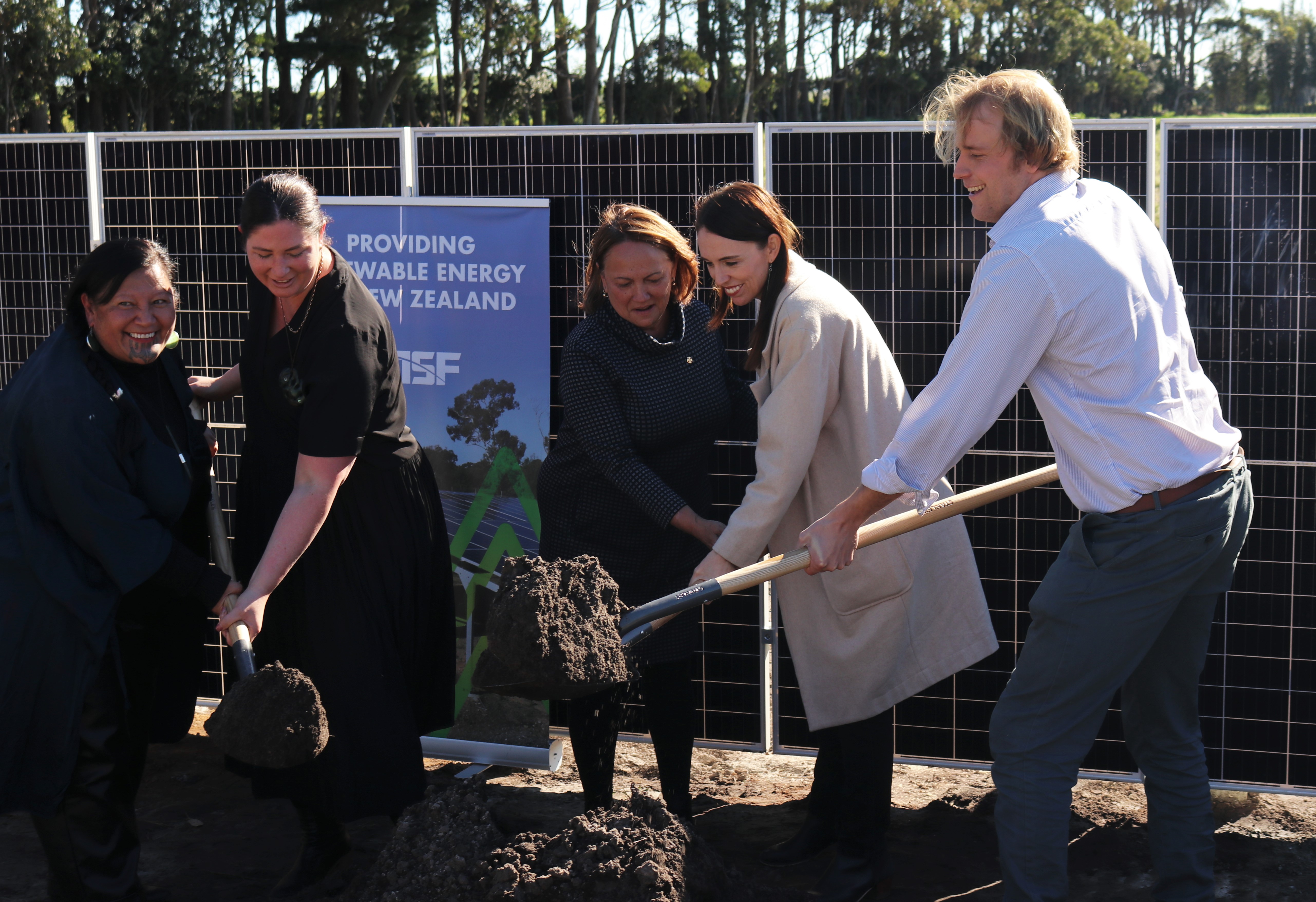 Symbolically turning the first sod for the Pukenui solar farm in 2021 are Te Aupouri chief executive Mariameno Kapa-Kingi (left), then Northland MP Willow-Jean Prime, Te Aupouri chairwoman Rhonda Kite, then-Prime Minister Jacinda Ardern, and Far North Solar Farms director Richard Homewood.
