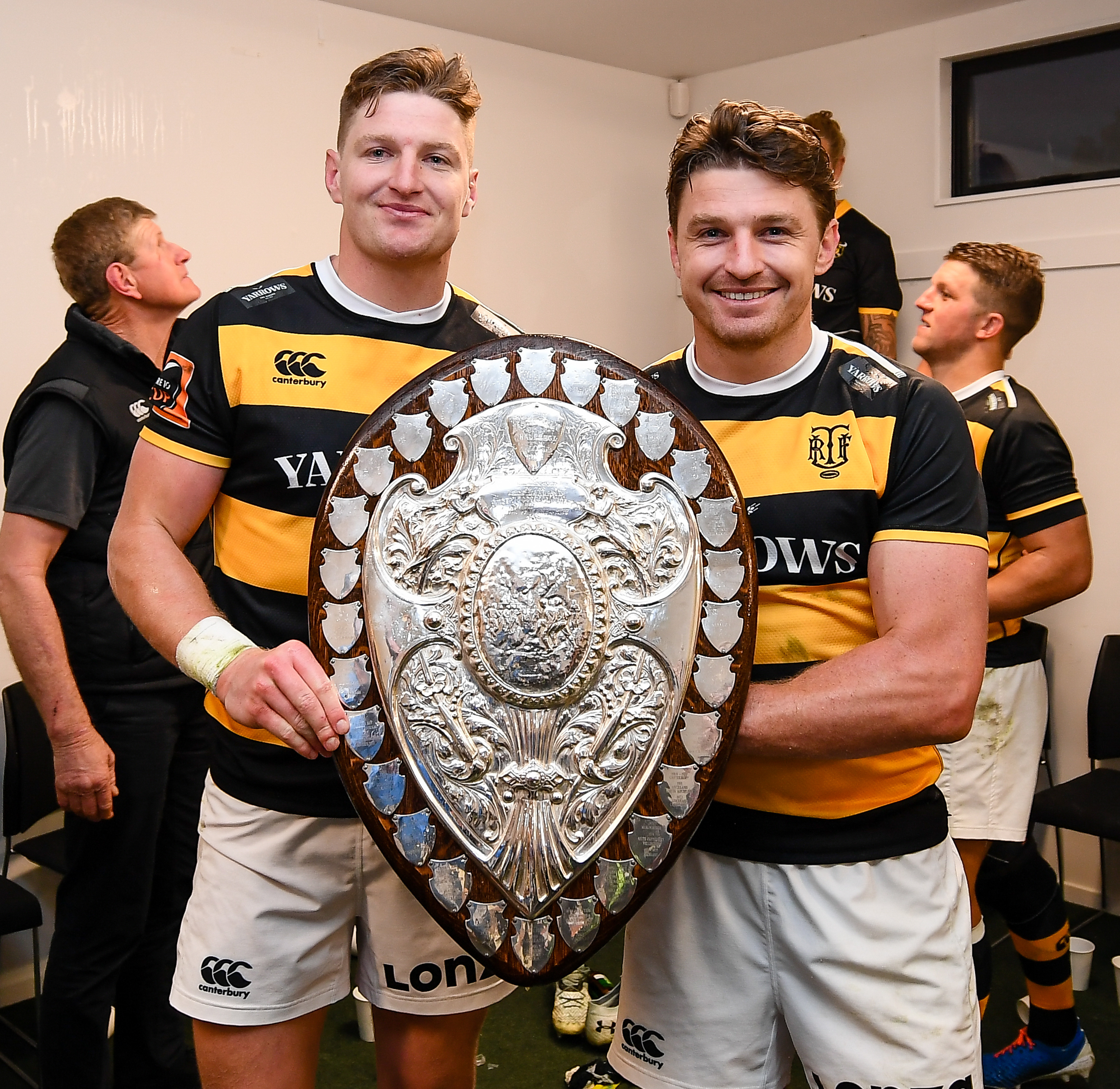The Barrett family's Ranfurly Shield history continues with Jordie Barrett (left) and Beauden Barrett taking it back to Taranaki, after beating Canterbury in 2020. Photo / Photosport