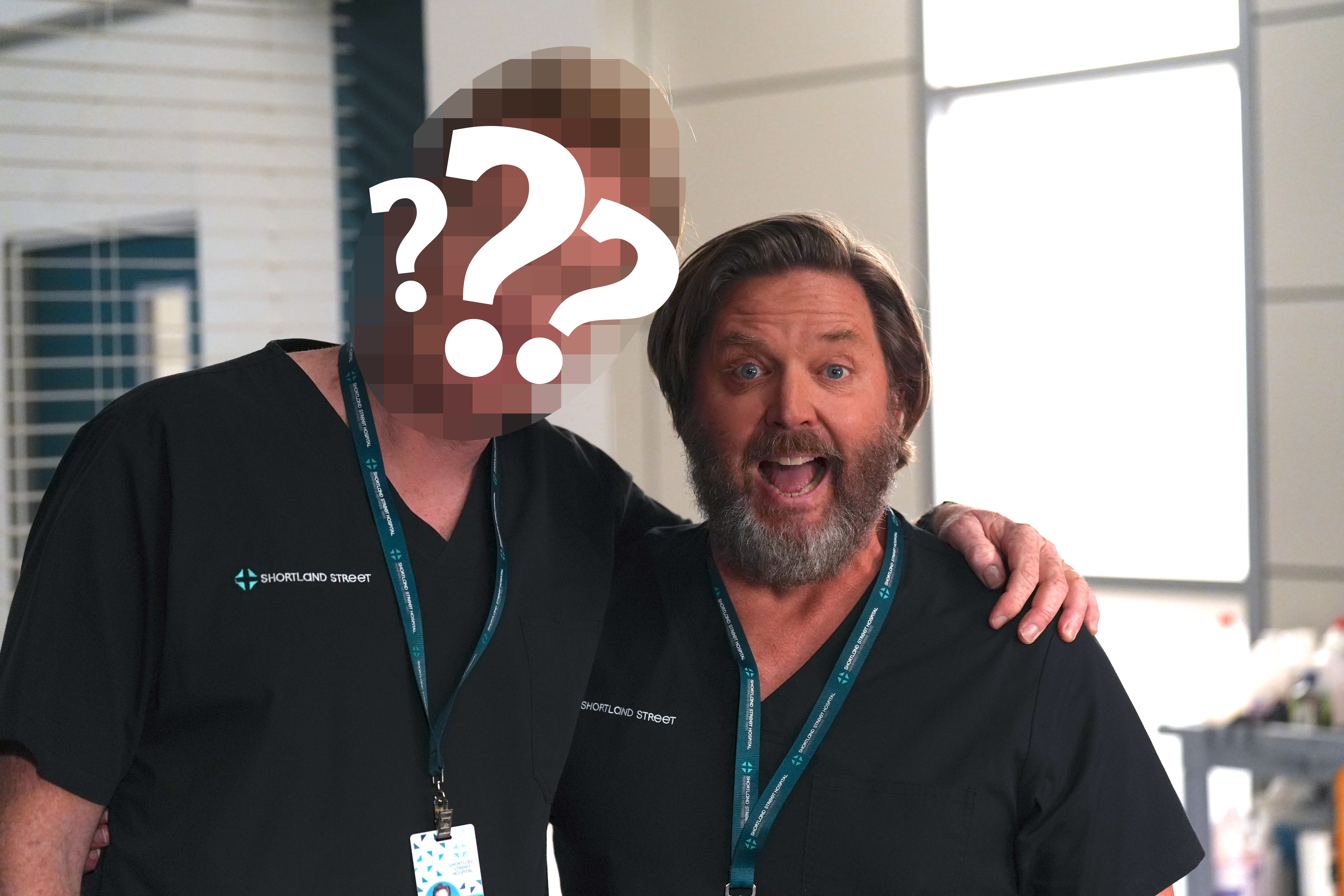 Shortland Street's new famous face (left) with actor Michael Galvin (Dr Chris Warner) on the set of the popular soap. Photo / South Pacific Pictures