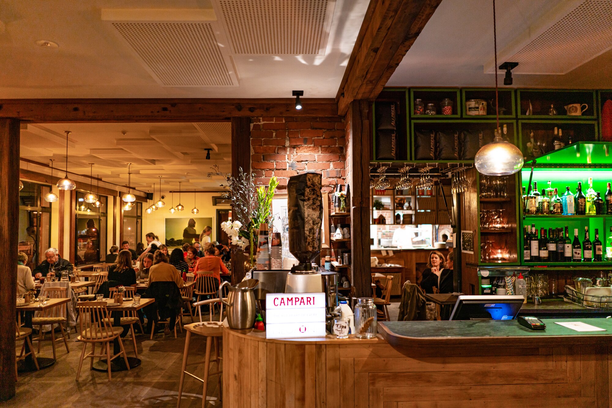 The restaurant packs chairs and tables into every square inch of floor space.