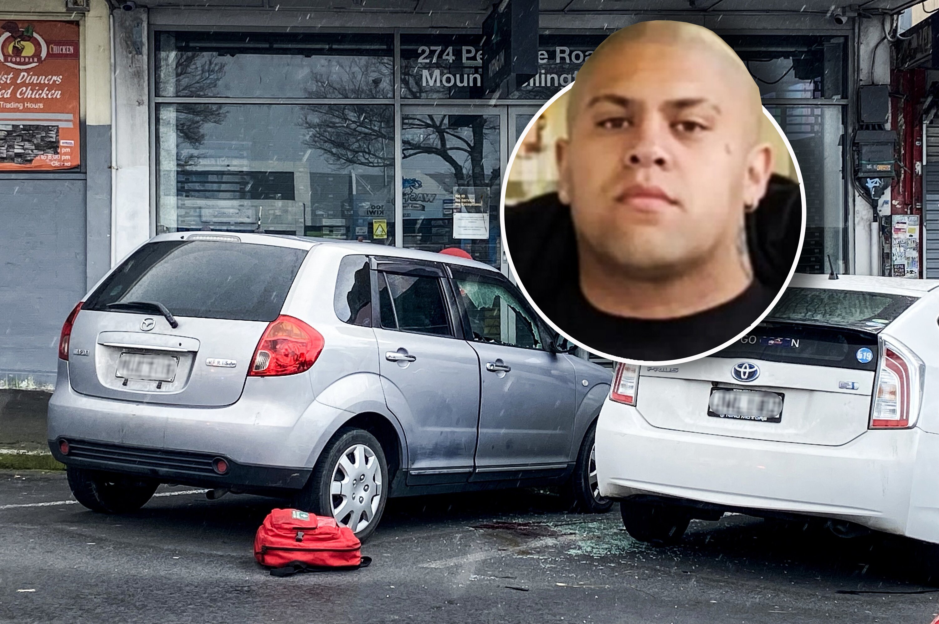 Texas Jack Doctor (inset) and the scene outside the Puffing Kiwi vape shop on Penrose Rd, Mt Wellington where the fatal shooting took place The car with the broken window has been the focus of the investigation. Photo / Isaac Davison