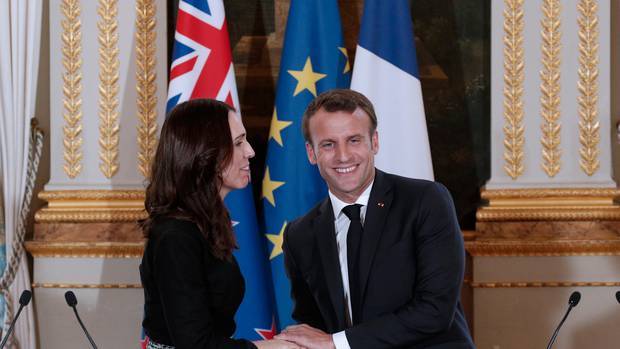 Prime Minister Jacinda Ardern and French President Emmanuel Macron at the Elysee Palace last year. Photo / AP