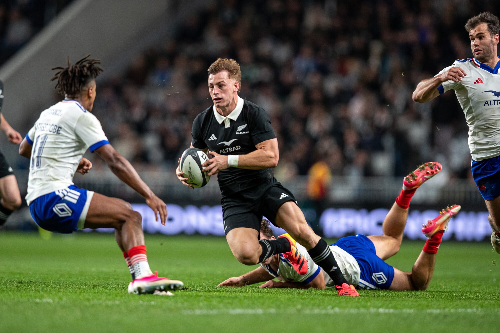 Ruben Love made his first start in the All Blacks' No 10 jersey against France in Christchurch. Photo / Alyse Wright