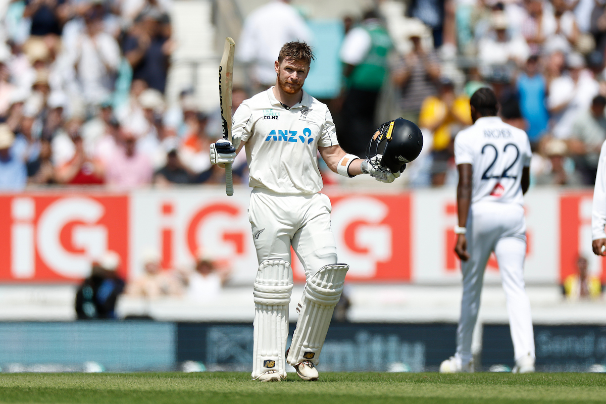 Glenn Phillips celebrates his maiden test century, against England at The Oval. Photo / Photosport