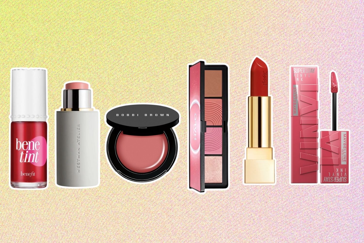 From left: Benefit Cosmetics Benetint Lip & Cheek; Westman Atelier Baby Cheeks Blush: Bobbi Brown Pot Rouge For Lips & Cheeks; Smashbox Halo Sculpt + Glow Face Palette; YSL Rouge Pur Couture; Maybelline Super Stay Vinyl Ink Liquid Lipstick.