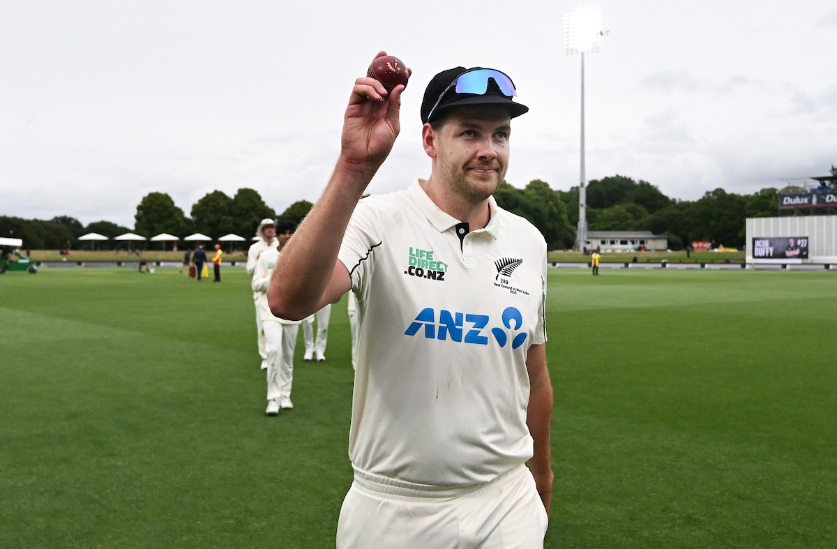Jacob Duffy celebrates his five-wicket haul against the West Indies in Christchurch. Photo / Photosport