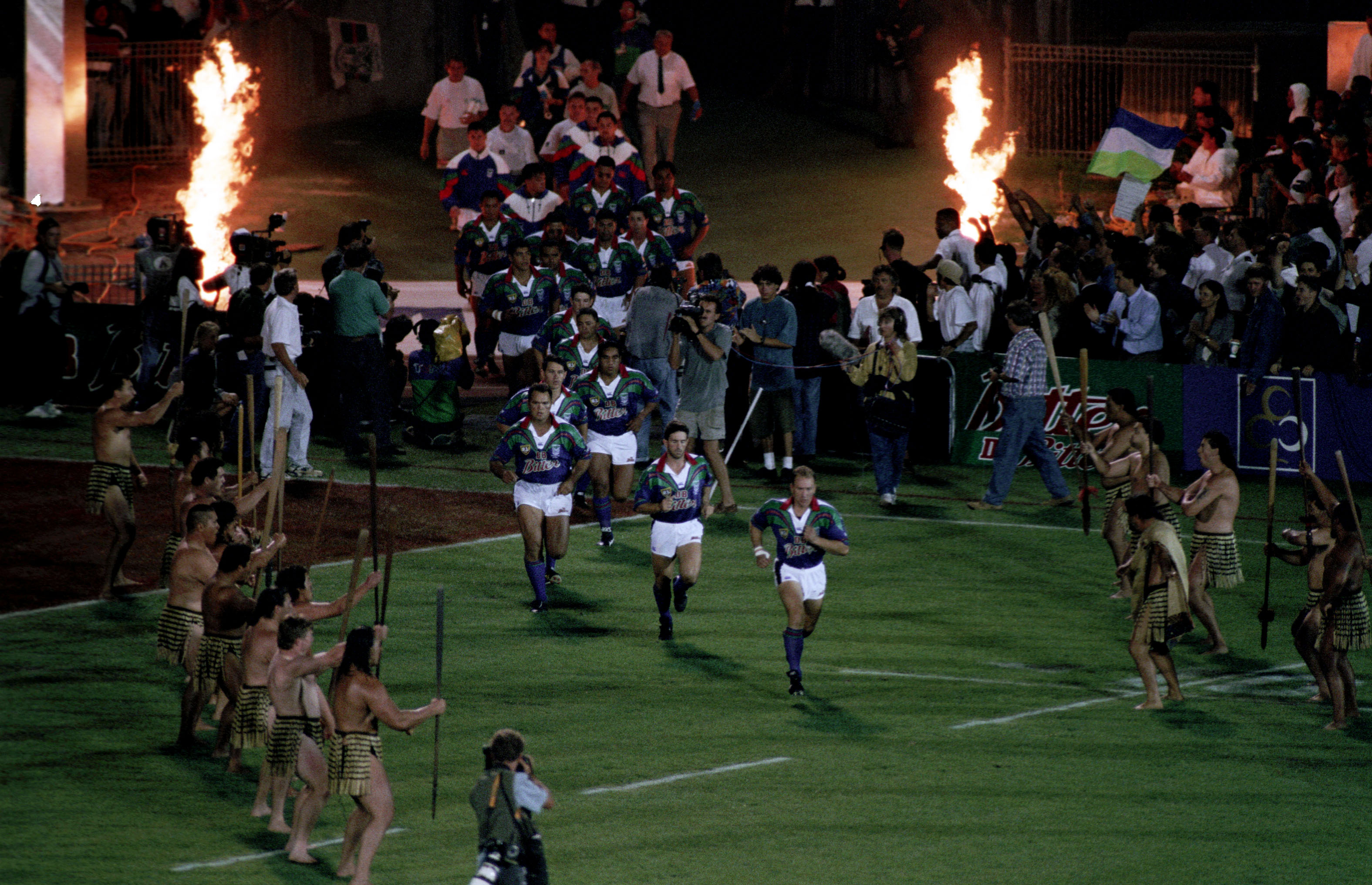 Smoke and soldiers fill the Ericsson stadium in the pre match build up to the Winfield Cup season opener between the Warriors and the Brisbane Broncos. Photo / Getty Images