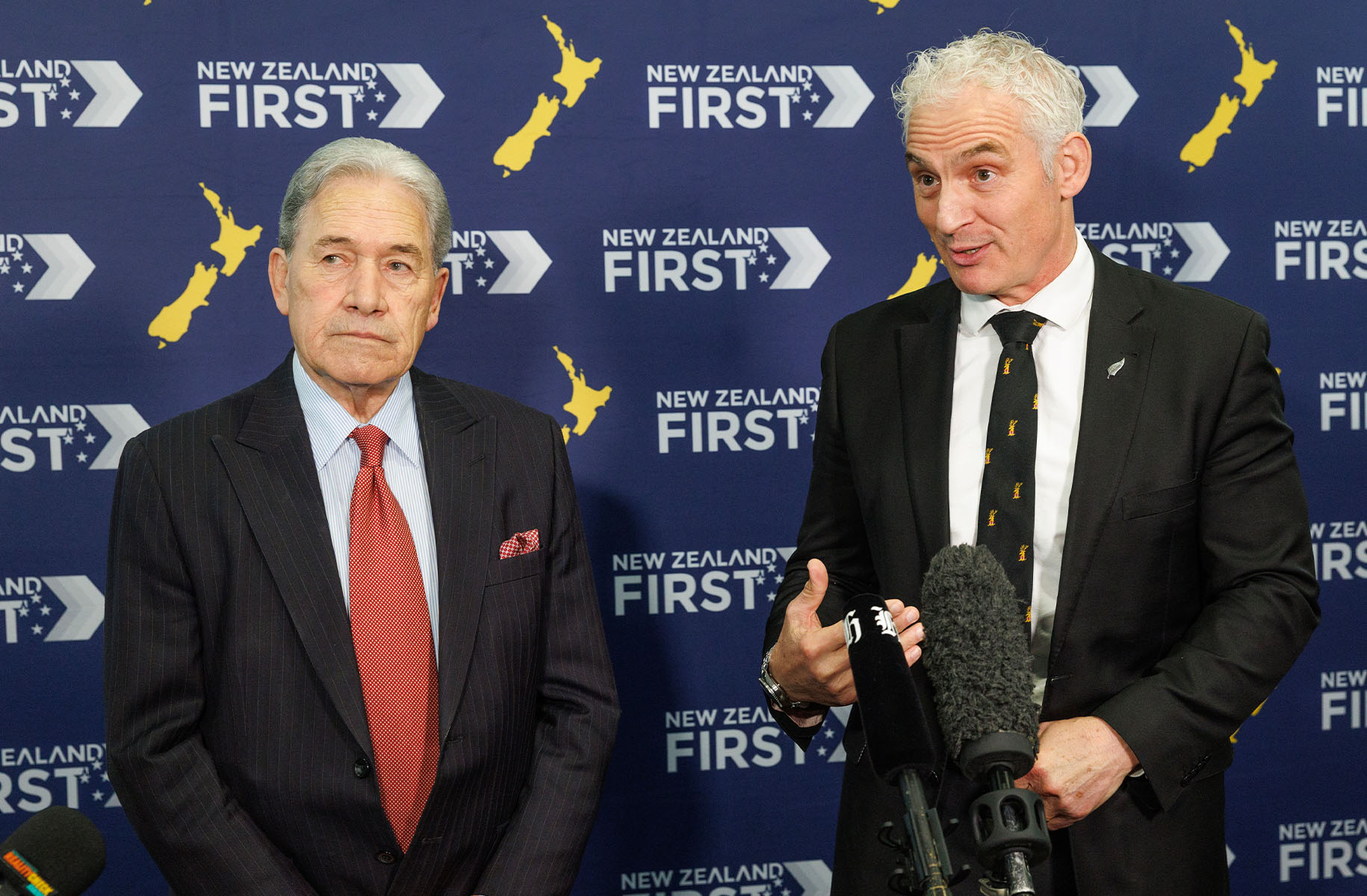 NZ First leader Winston Peters and former Labour MP Stuart Nash speak to media. Photo / Mark Mitchell 