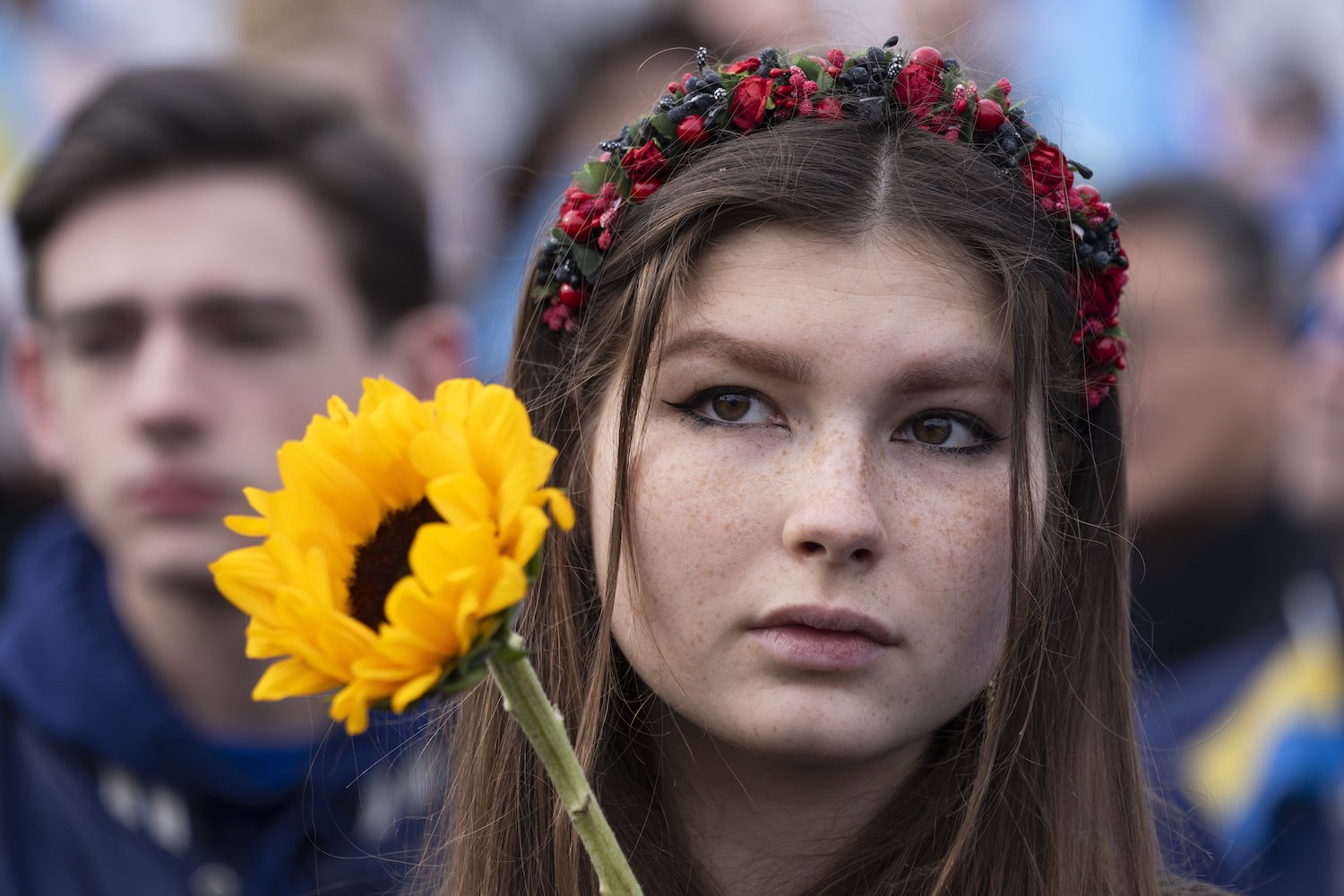 Daria Morris of Kyiv, Ukraine, joins a rally at the National Mall near the Lincoln Memorial in Washington, marking two years since Russia's full scale war and invasion of Ukraine. Photo / AP