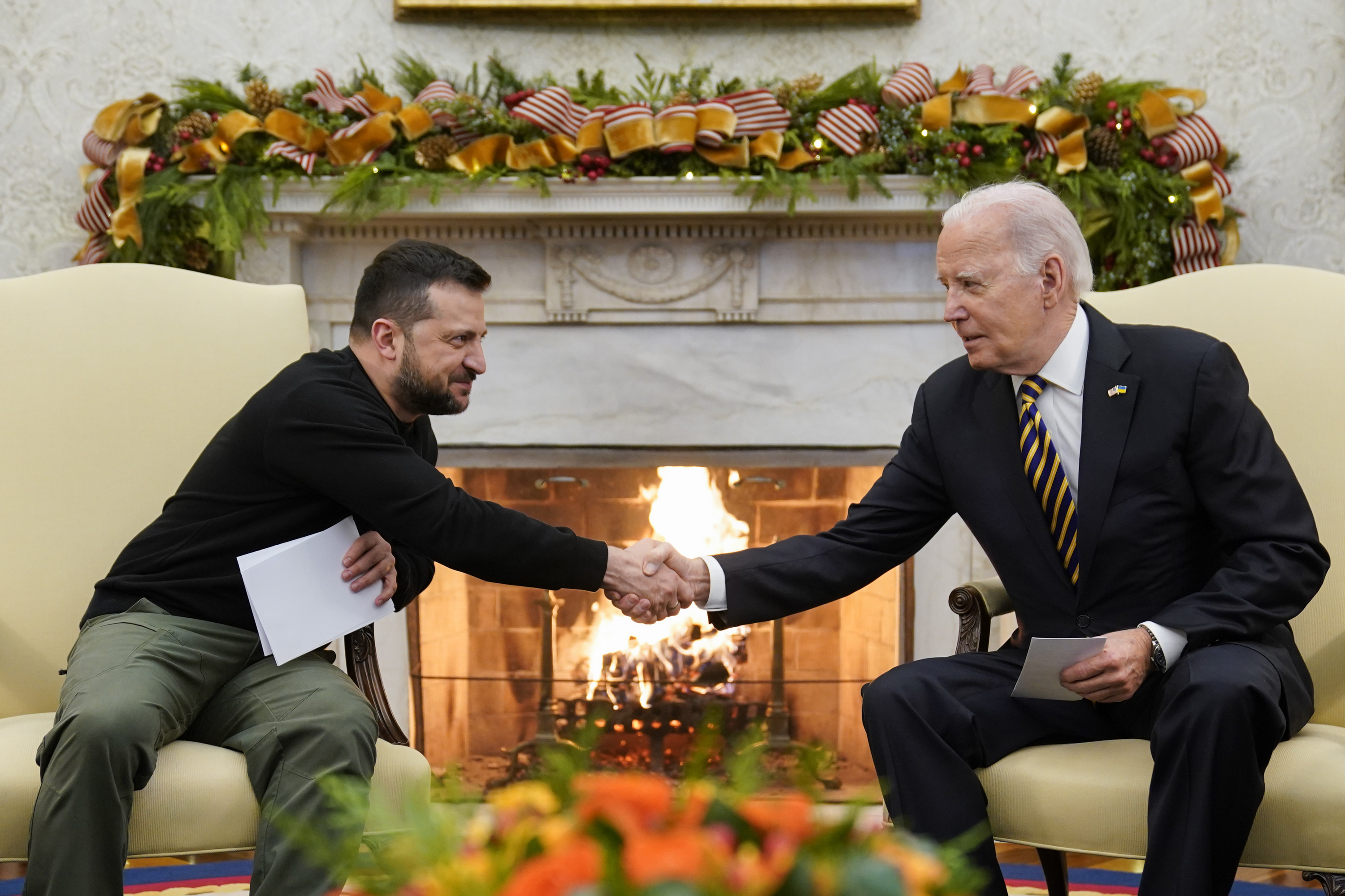 President Joe Biden shakes hands with Ukrainian President Volodymyr Zelenskyy as they meet in the Oval Office of the White House. Photo / AP
