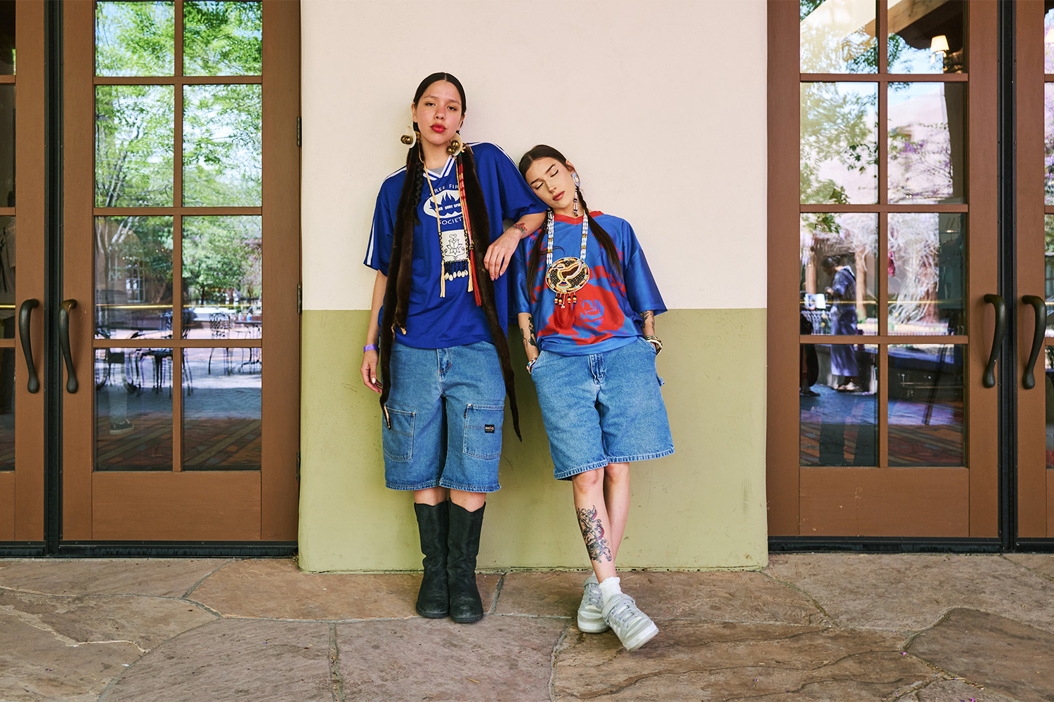 Ayona Lovelady, left, Lakota Sioux, and Gladys NohNah Martin, who is Potawatomi and Ojibwe, co-ordinated outfits during Native Fashion Week. Photo / Simbarashe Cha for The New York Times