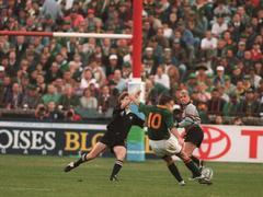 Joel Stransky drops the winning goal for South Africa during the 1995 Rugby World Cup final.
Photo / Allsport