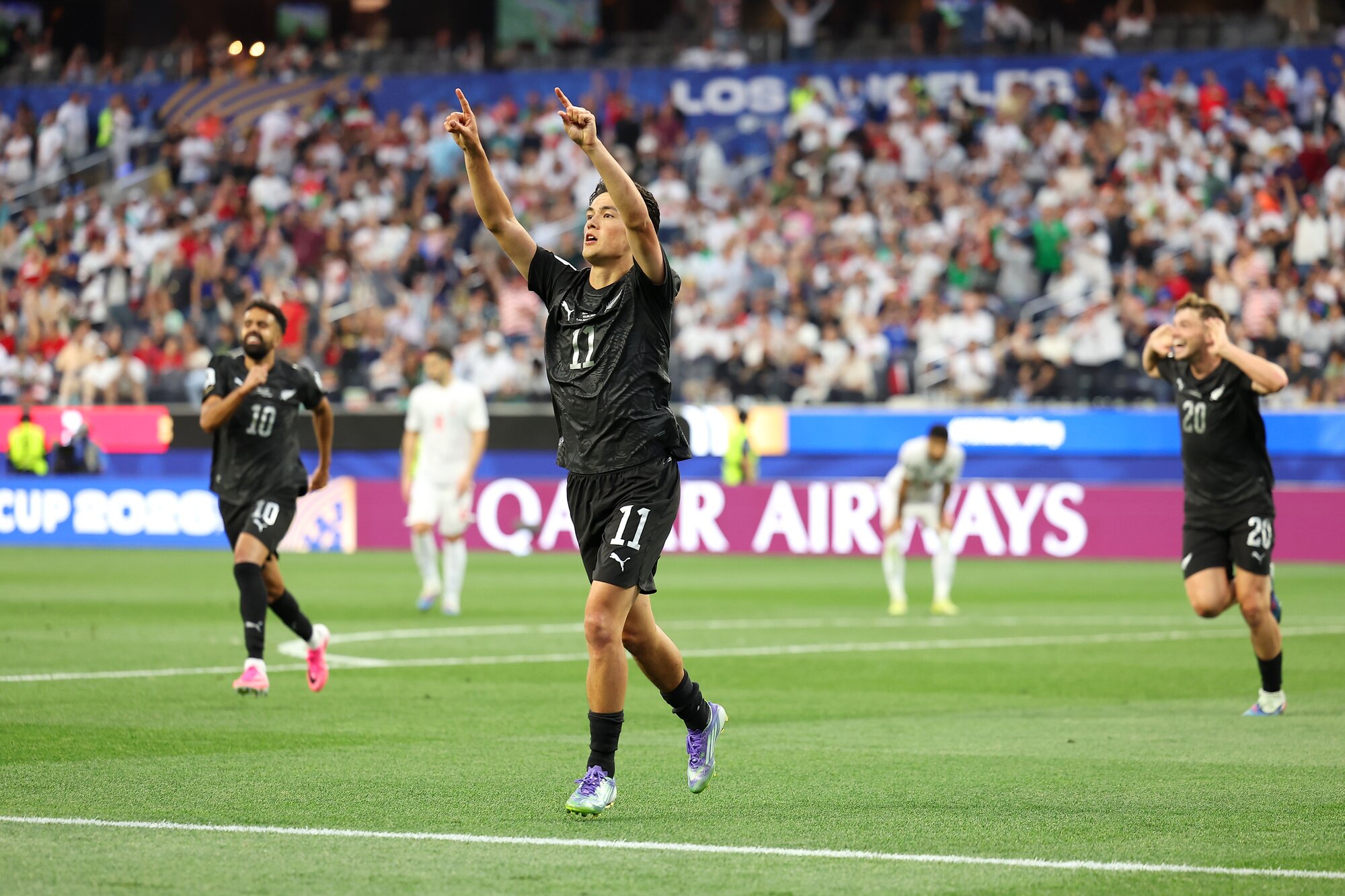 Elijah Just celebrates scoring the All Whites' second goal against Iran in their opening World Cup match. Photo / Getty Images