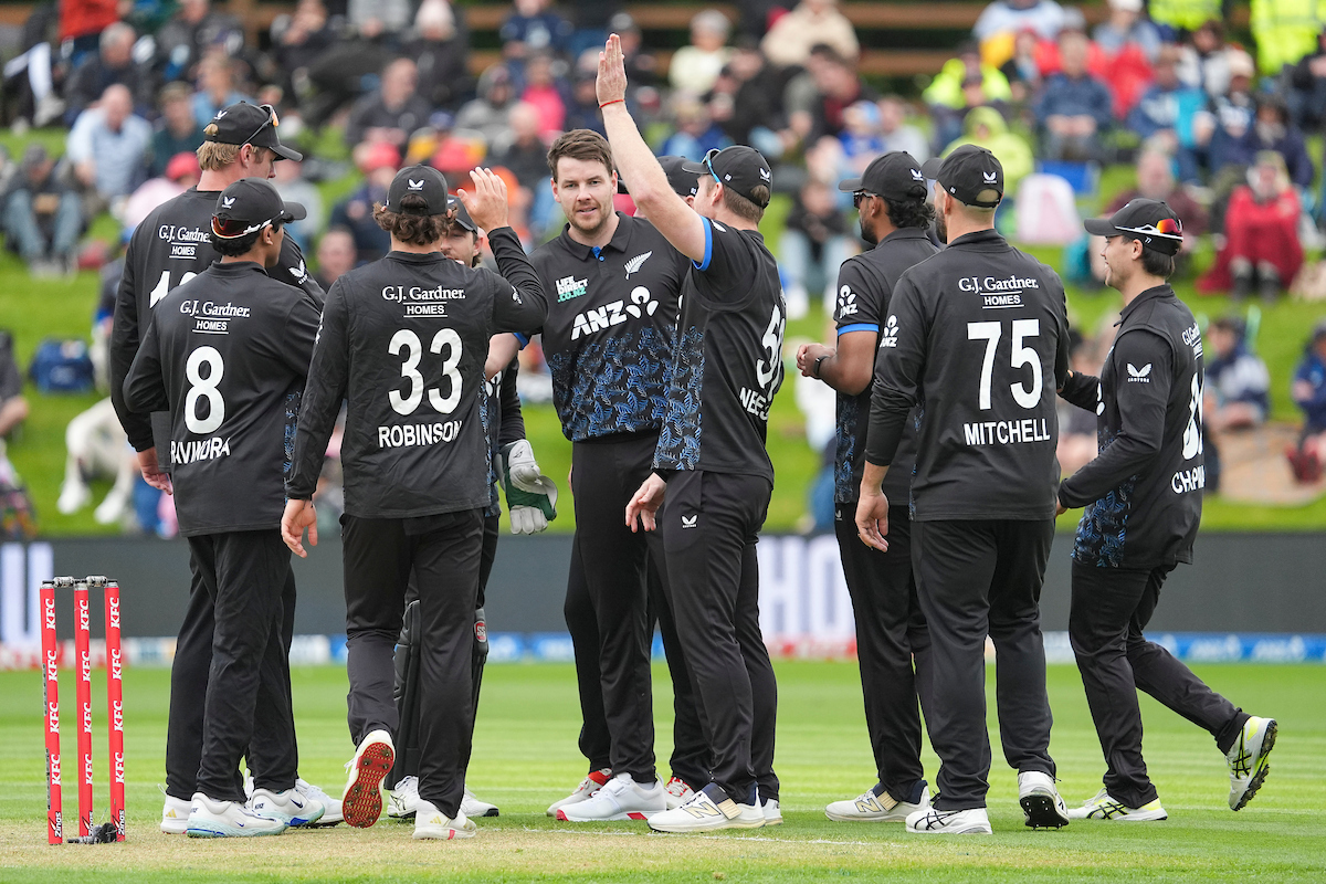 The Black Caps celebrate Jacob Duffy's third wicket in the fifth T20 against the West Indies in Dunedin. Photo / Photosport