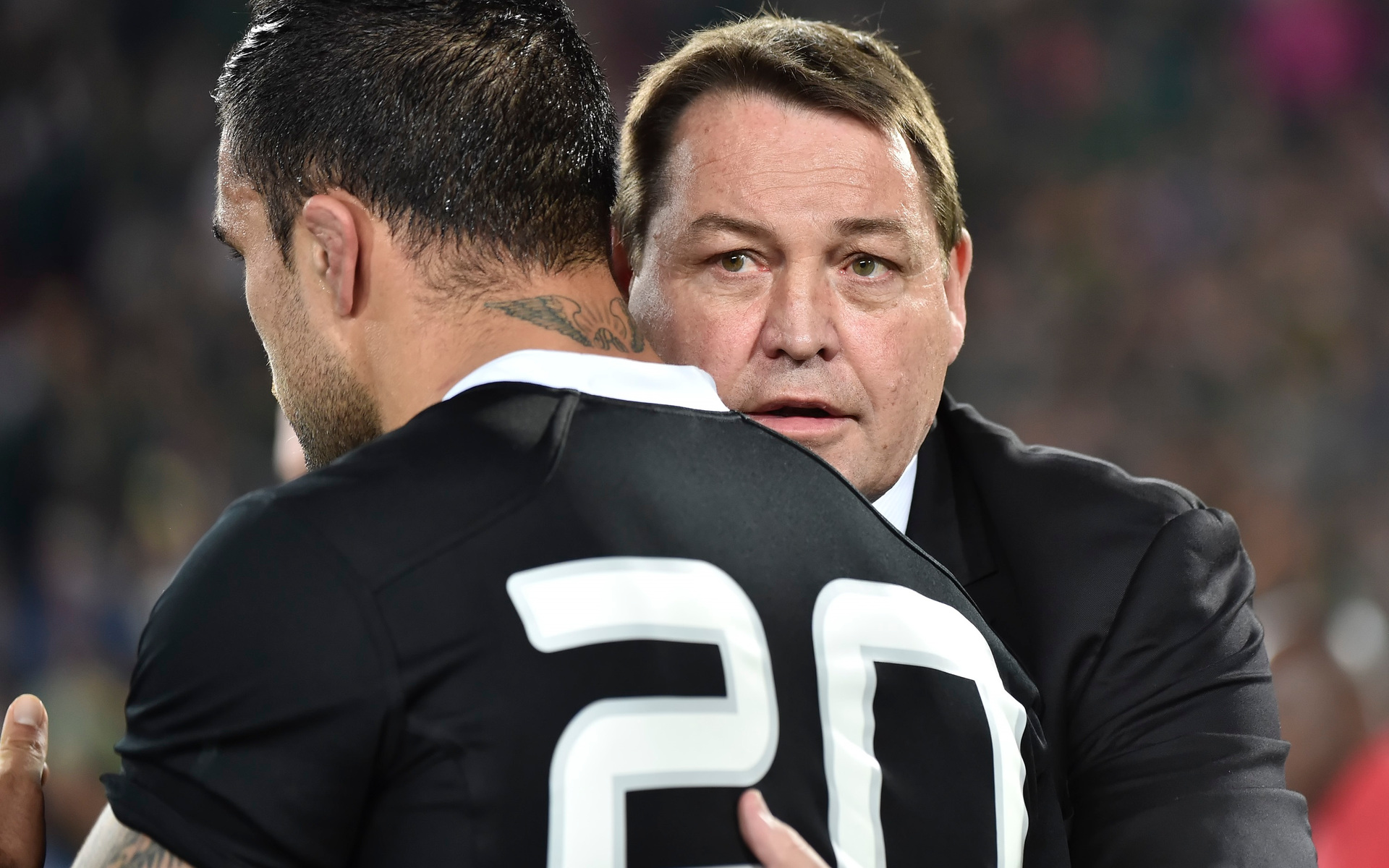 All Blacks coach Sir Steve Hanson consoles Liam Messam after defeat to the Springboks at Ellis Park. Photo / Photosport