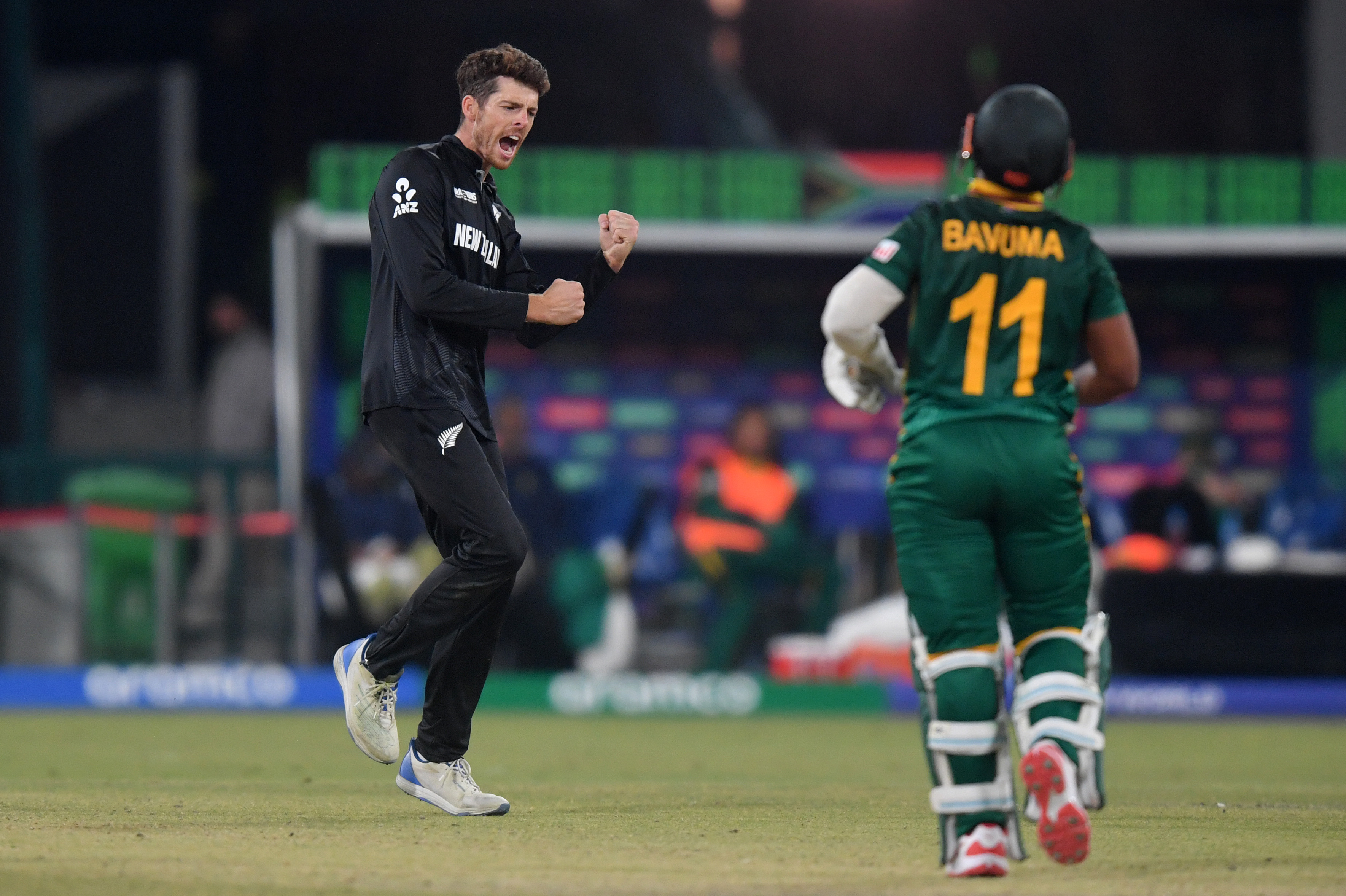 Mitchell Santner celebrates dismissing Temba Bavuma of South Africa during the ICC Champions Trophy 2025 semifinal in Lahore. Photo / Getty Images