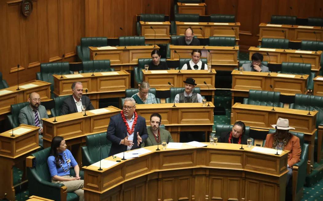 Green Party MP Teanau Tuiono addresses Parliament during the third and final reading of his Citizenship Western Samoa Restoration Amendment Bill. Photo / Coco Lance, RNZ Pacific