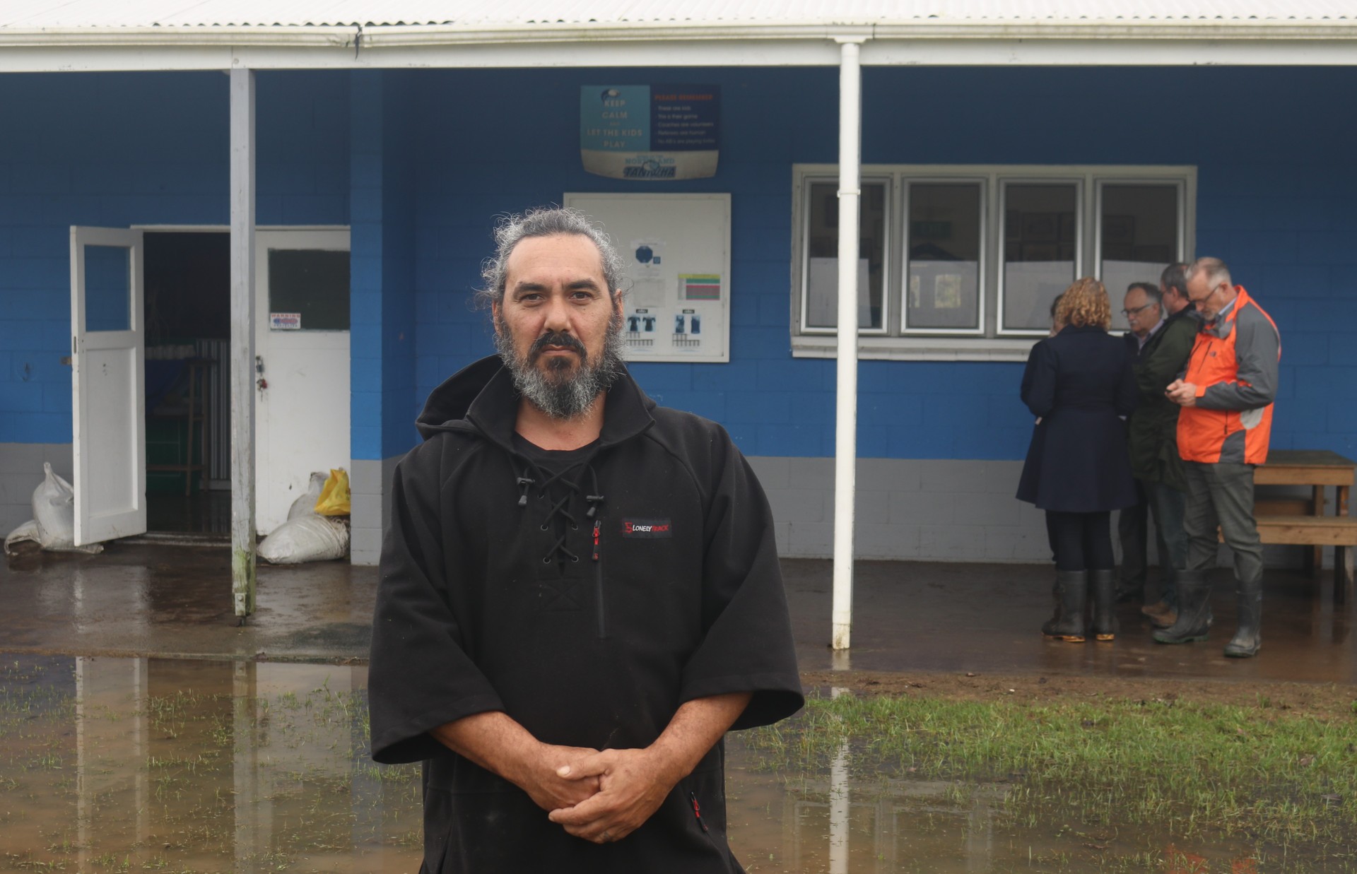 Otiria Rugby Club captain Hone Townsend at the flood-damaged clubrooms from the July storm. The club has been given $100,500 from the Provincial Growth Fund for repairs. Photo / Peter de Graaf