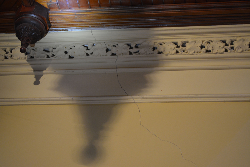 This image shows the top of a crack in the foyer, beneath the mezzanine floor.
