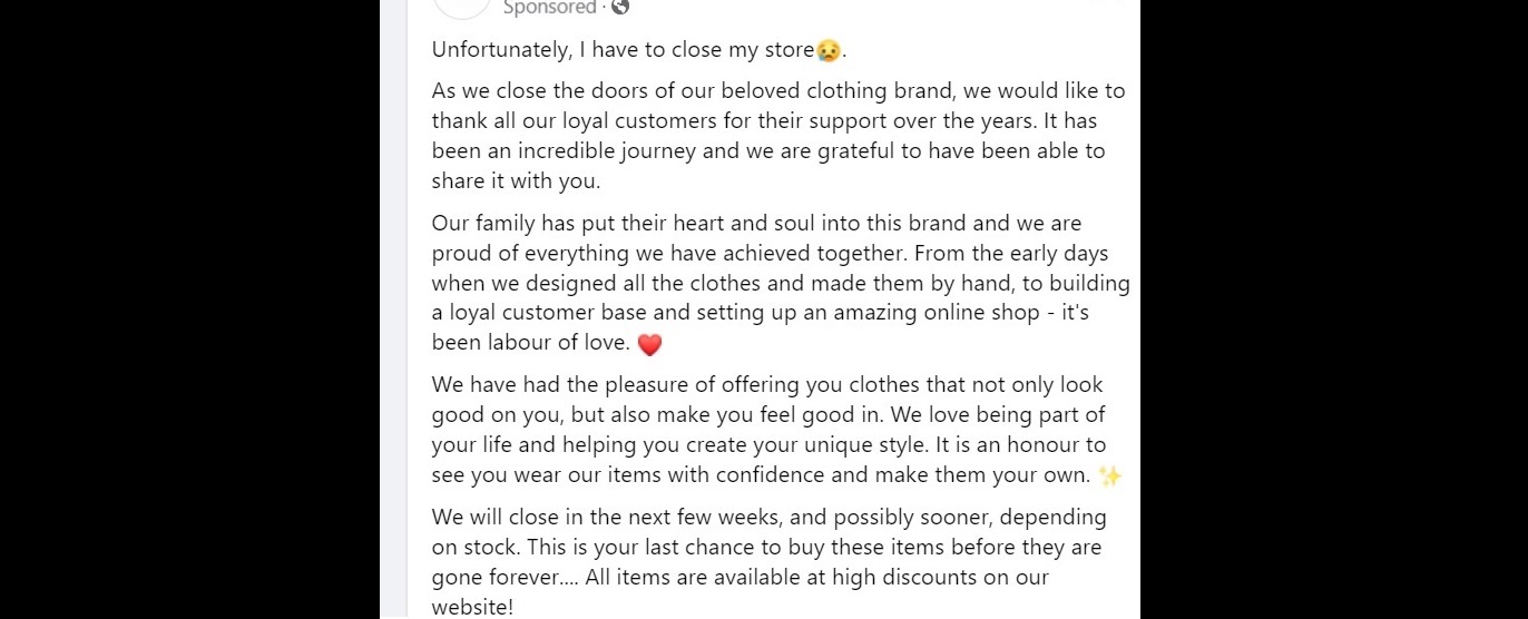 This heartfelt social media post had little connection to reality, with no trace of the store in question and a website set up just a month ago. Photo / Facebook