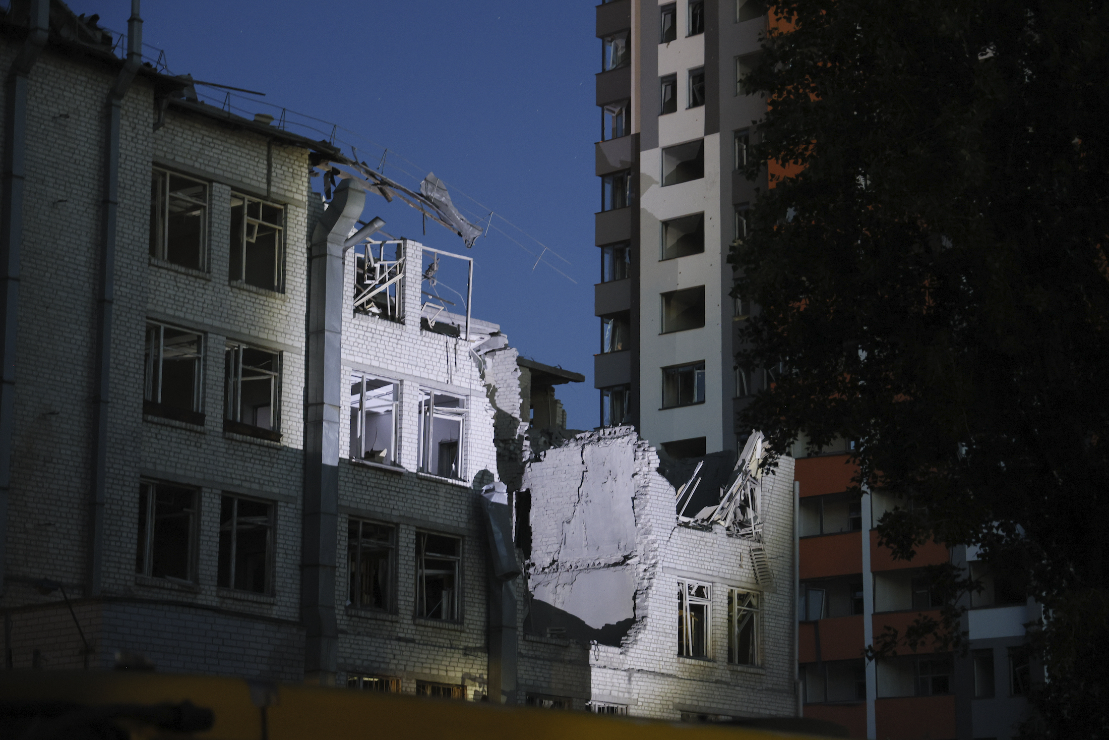 This shows a building damaged by a drone that was shot down during a Russian overnight strike in Kyiv. Photo / AP