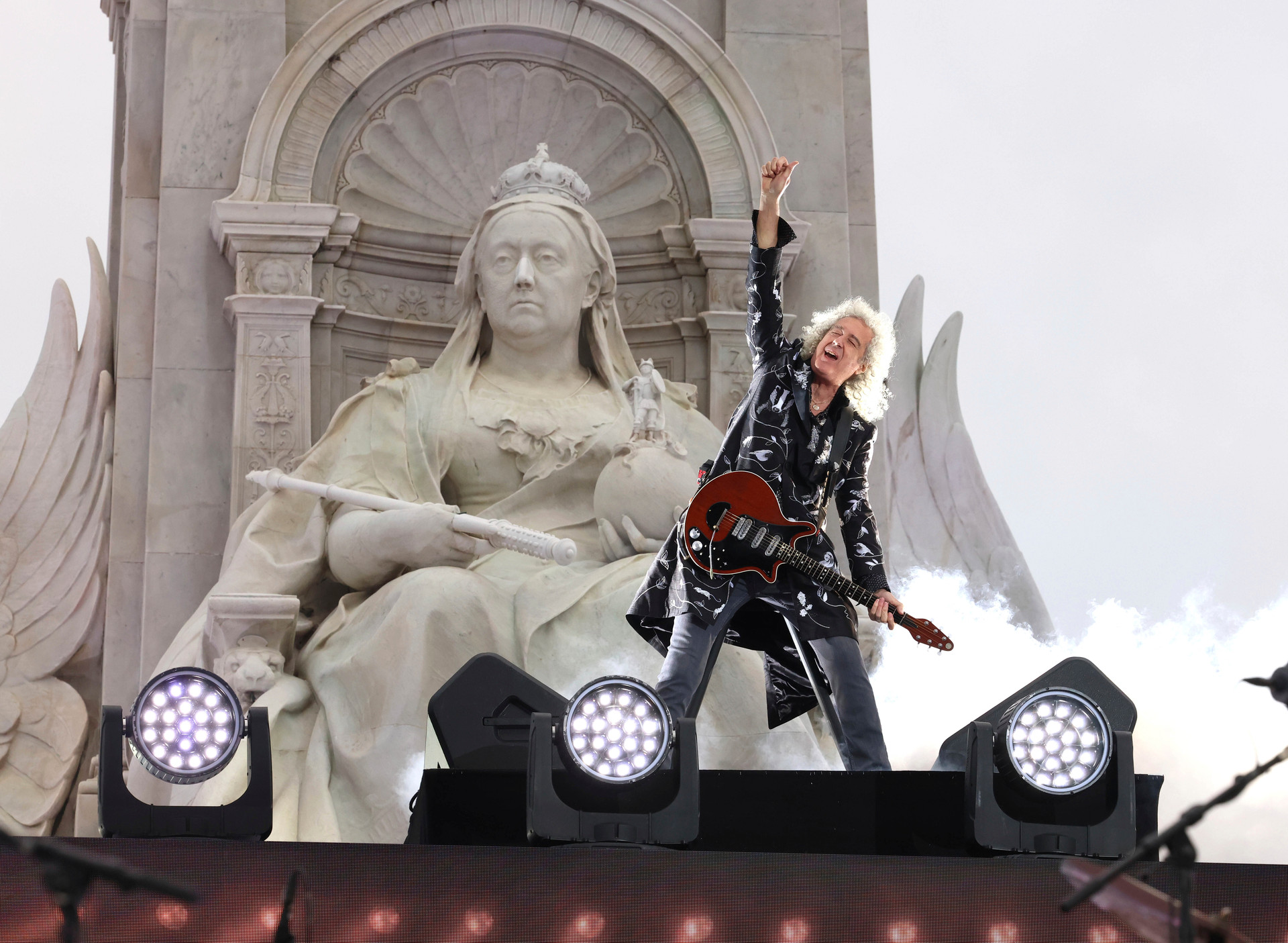 Queen guitarist Brian May performs during the Platinum Jubilee concert in front of Buckingham Palace. Photo / AP