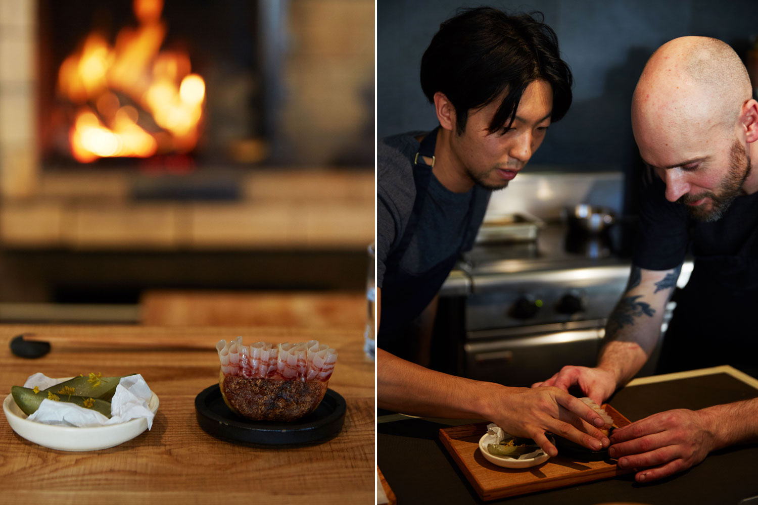(From left) Gherkins and pig crumpet. The restaurant's chefs create and serve the food and drinks. Photos / Rebecca Zephyr Thomas