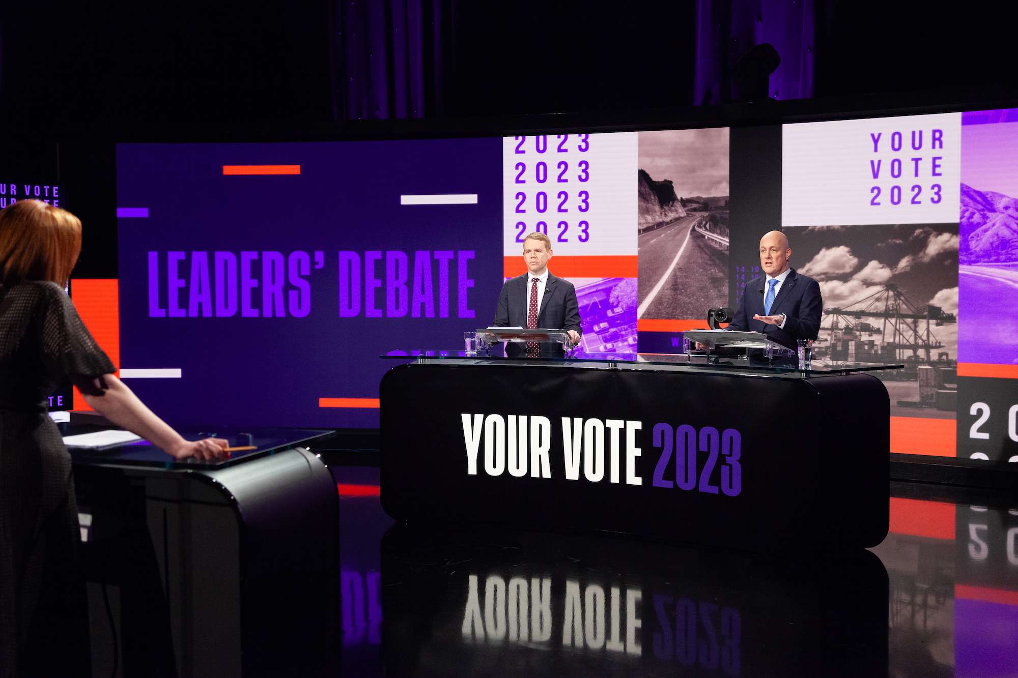Chris Hipkins and Christopher Luxon in the first Leaders' Debate. Photo / TVNZ
