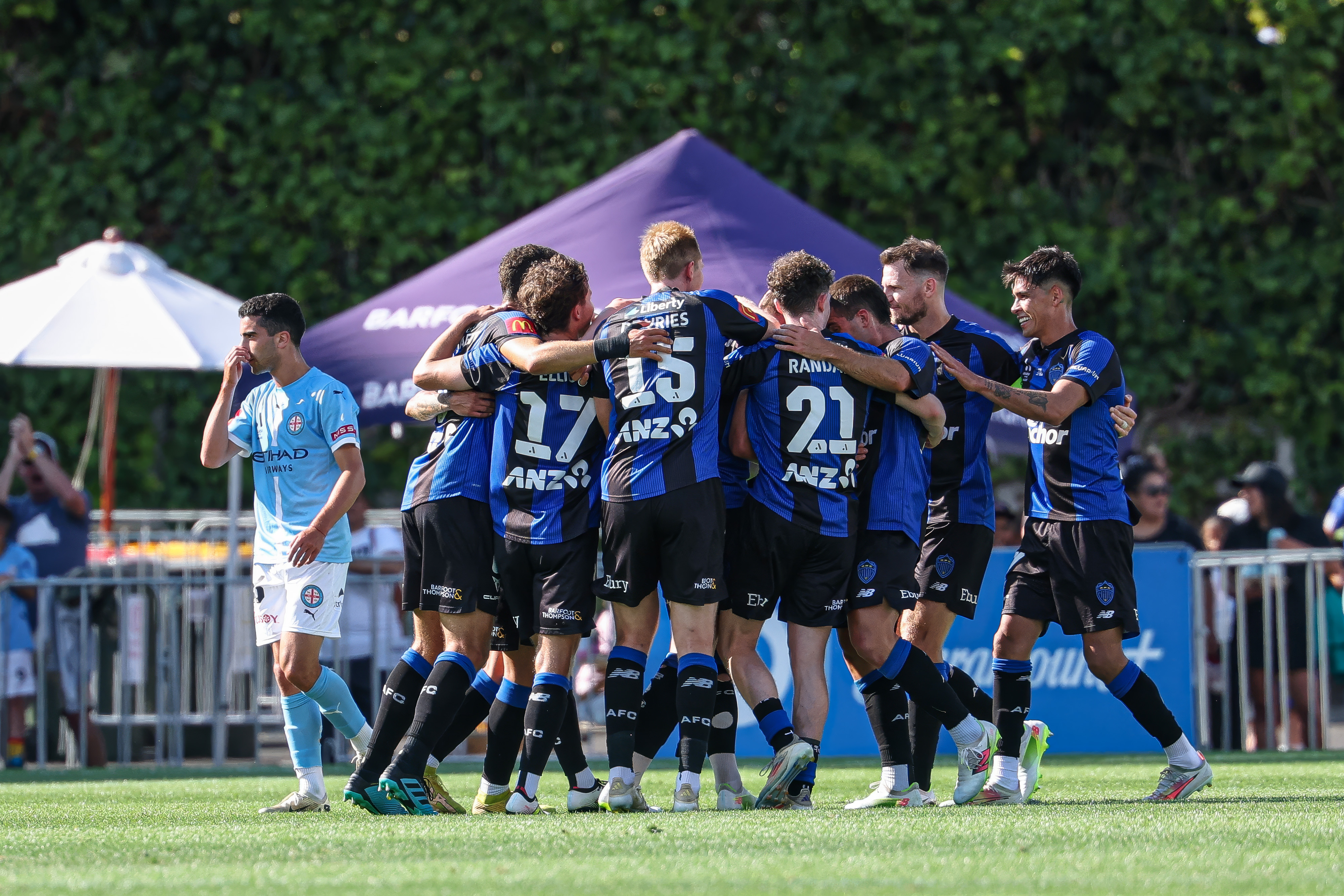 Auckland FC celebrate Nando Pijnaker's goal against Melbourne City. Photo / Photosport
